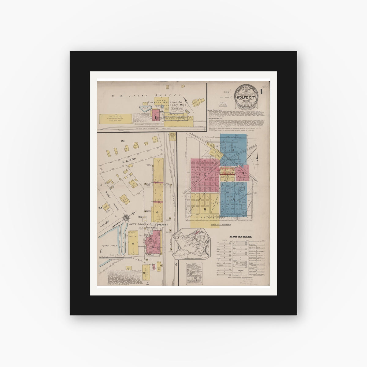 Old map wall art mockup — black gallery frame with white mat — Sanborn Fire Insurance Map from Wolfe City, Hunt County, Texas (1922) - Complete Map Set