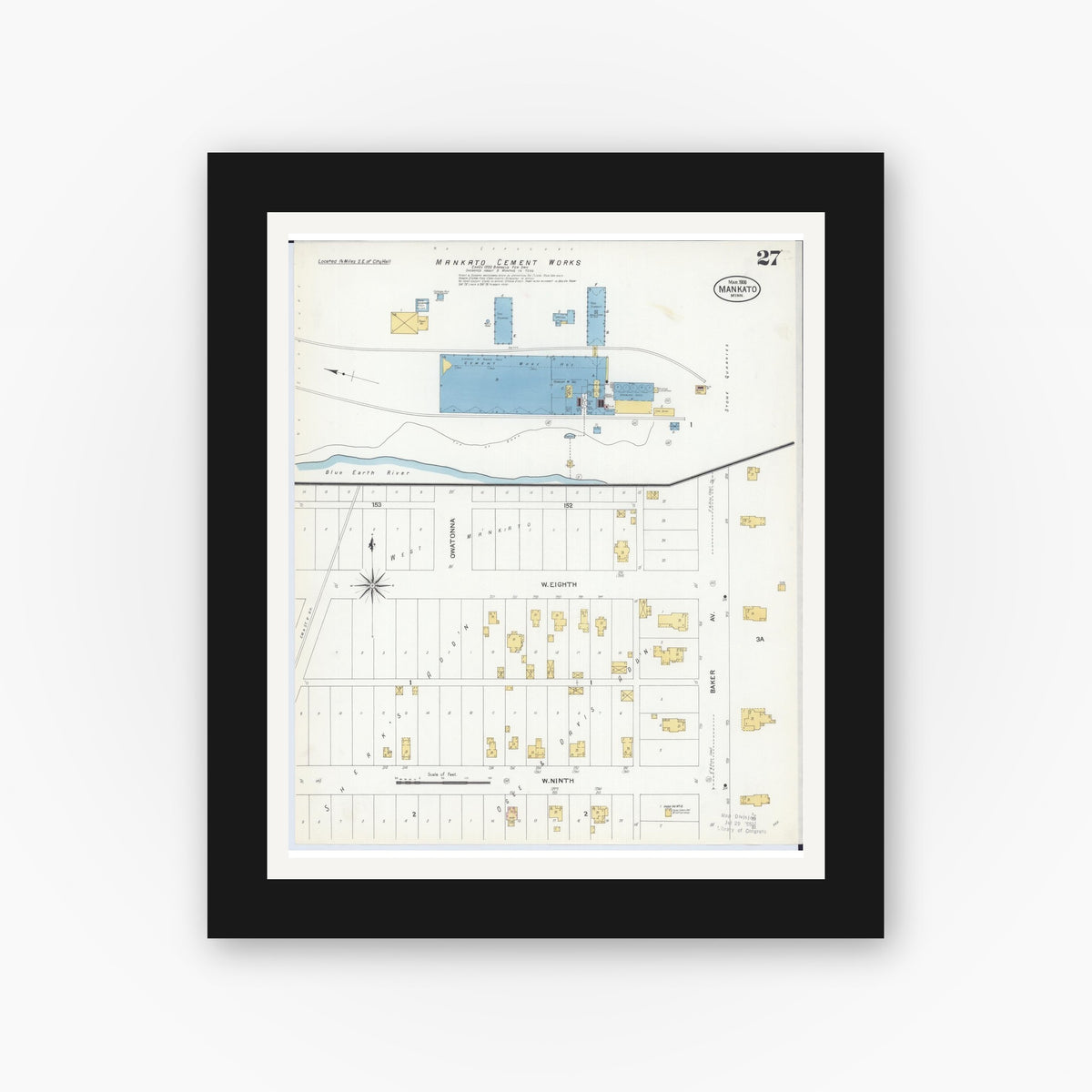 Old map wall art mockup — black gallery frame with white mat — Sanborn Fire Insurance Map from Mankato, Blue Earth County, Minnesota (1908), Sheet #0027
