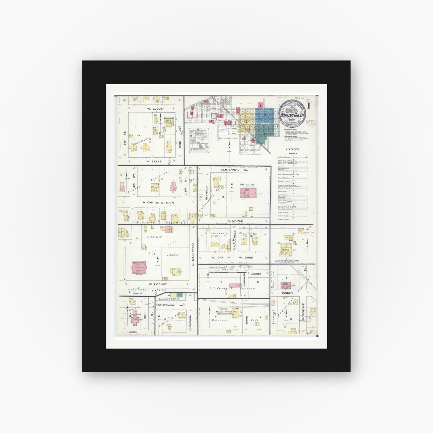 Old map wall art mockup — black gallery frame with white mat — Sanborn Fire Insurance Map from Bowling Green, Pike County, Missouri (1909) - Complete Map Set