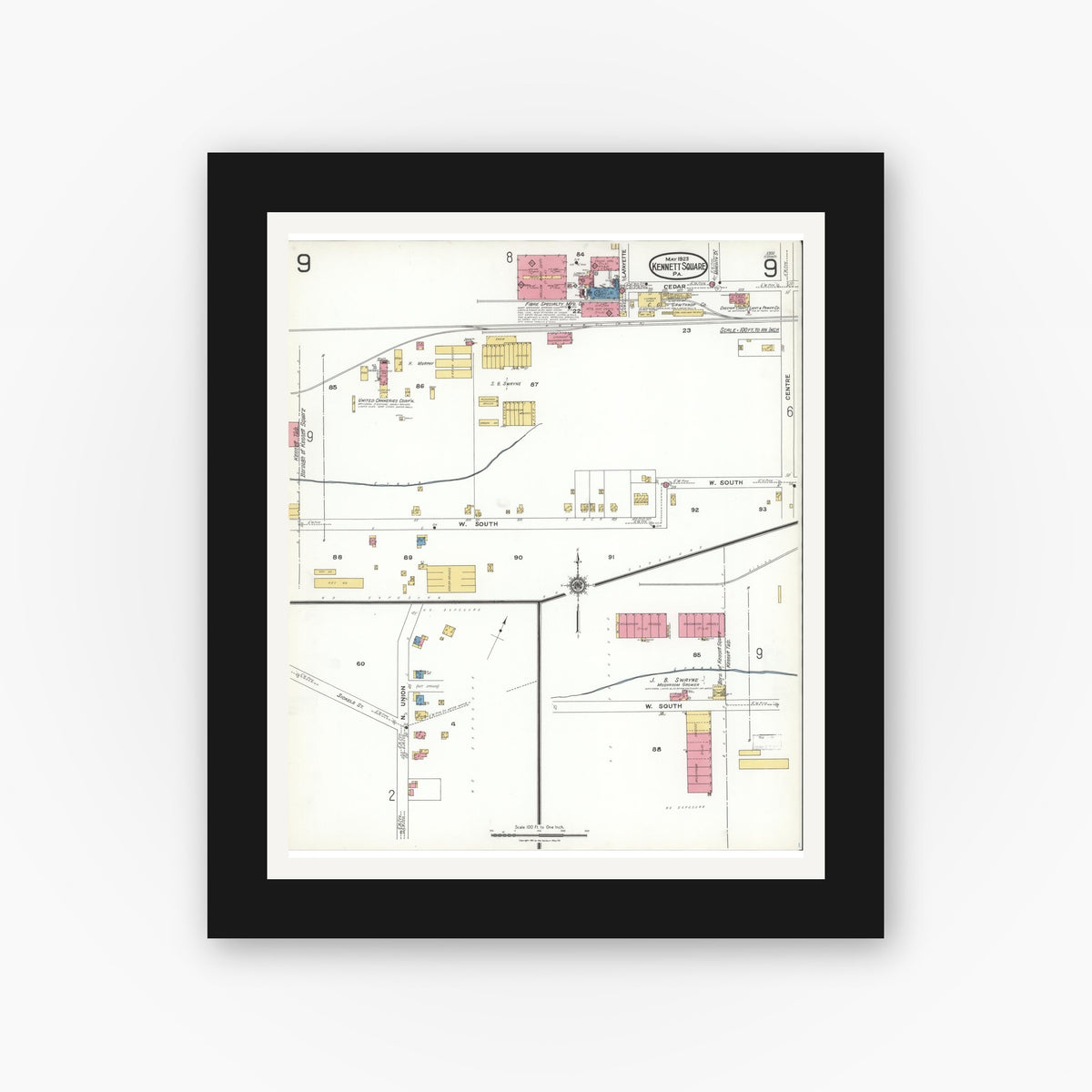 Old map wall art mockup — black gallery frame with white mat — Sanborn Fire Insurance Map from Kennett Square, Chester County, Pennsylvania (1923), Sheet #0009