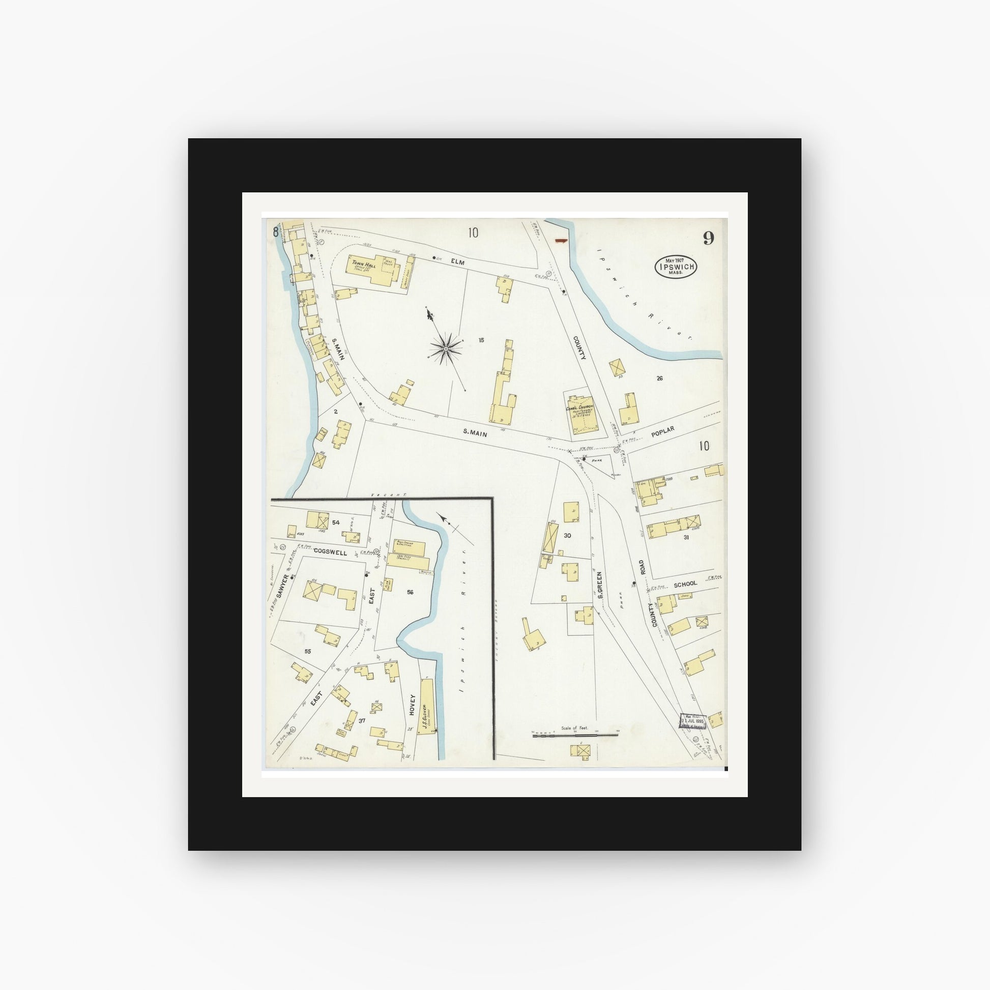 Old map wall art mockup — black gallery frame with white mat — Sanborn Fire Insurance Map from Ipswich, Essex County, Massachusetts (1907), Sheet #0009