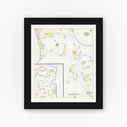 Old map wall art mockup — black gallery frame with white mat — Sanborn Fire Insurance Map from Ipswich, Essex County, Massachusetts (1907), Sheet #0009