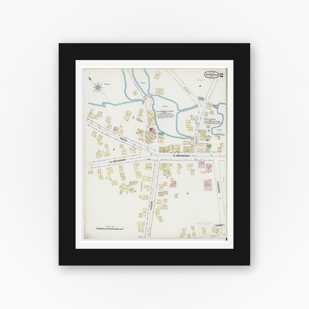 Old map wall art mockup — black gallery frame with white mat — Sanborn Fire Insurance Map from Gardner, Worcester County, Massachusetts (1889), Sheet #0002
