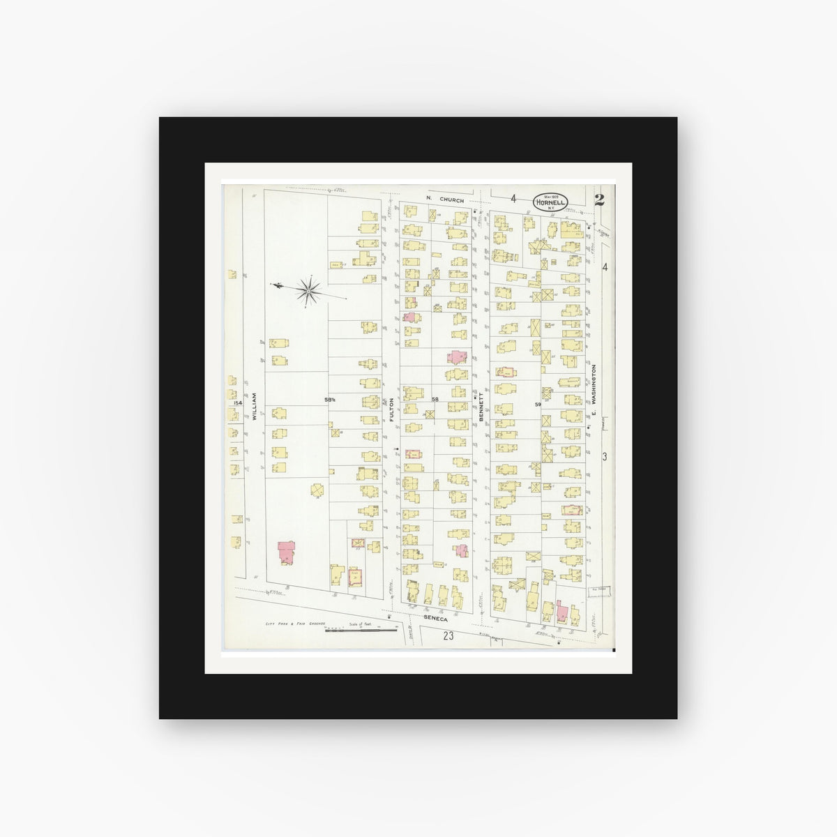 Old map wall art mockup — black gallery frame with white mat — Sanborn Fire Insurance Map from Hornell, Steuben County, New York (1909) - Complete Map Set