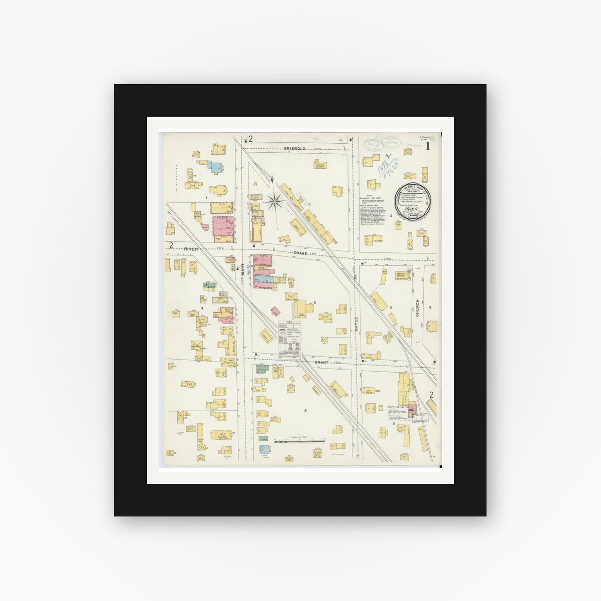 Old map wall art mockup — black gallery frame with white mat — Sanborn Fire Insurance Map from Avoca, Steuben County, New York (1898), Sheet #0001