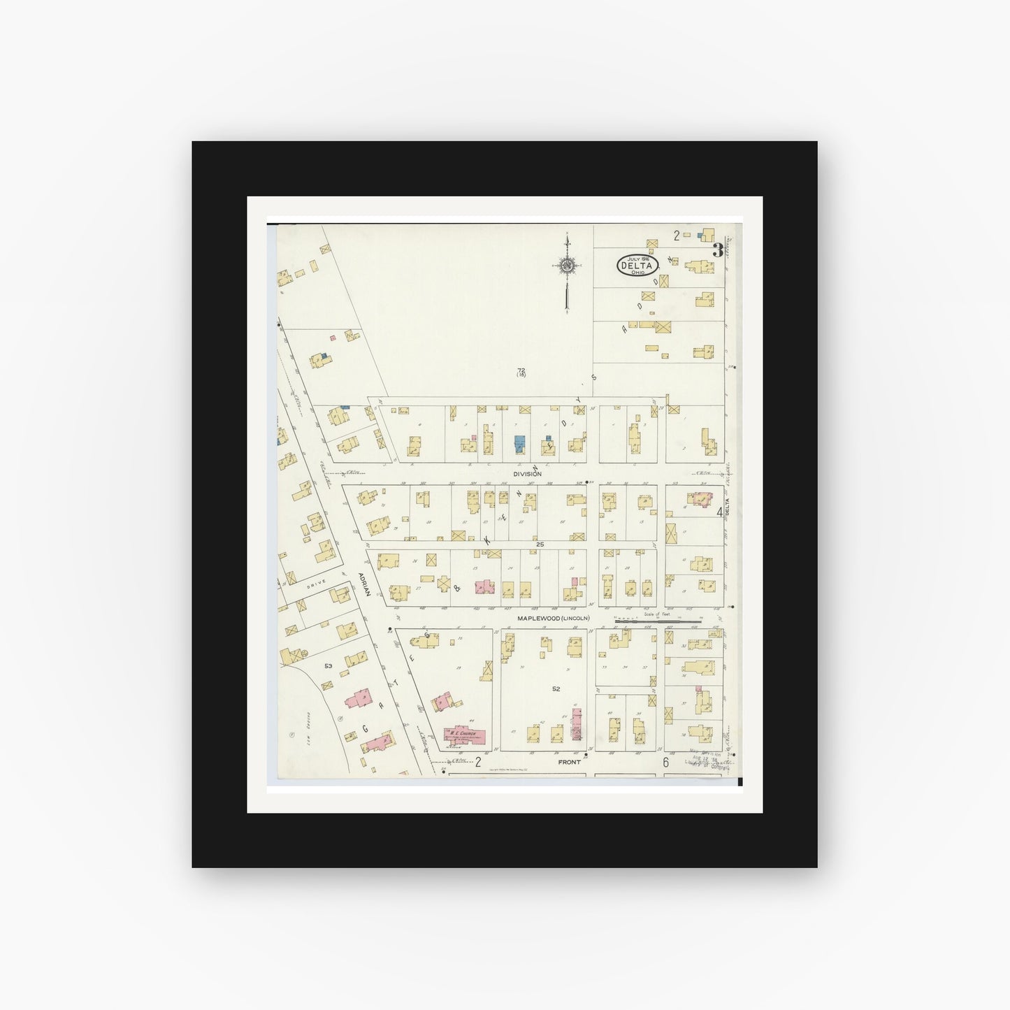 Old map wall art mockup — black gallery frame with white mat — Sanborn Fire Insurance Map from Delta, Fulton County, Ohio (1916), Sheet #0003