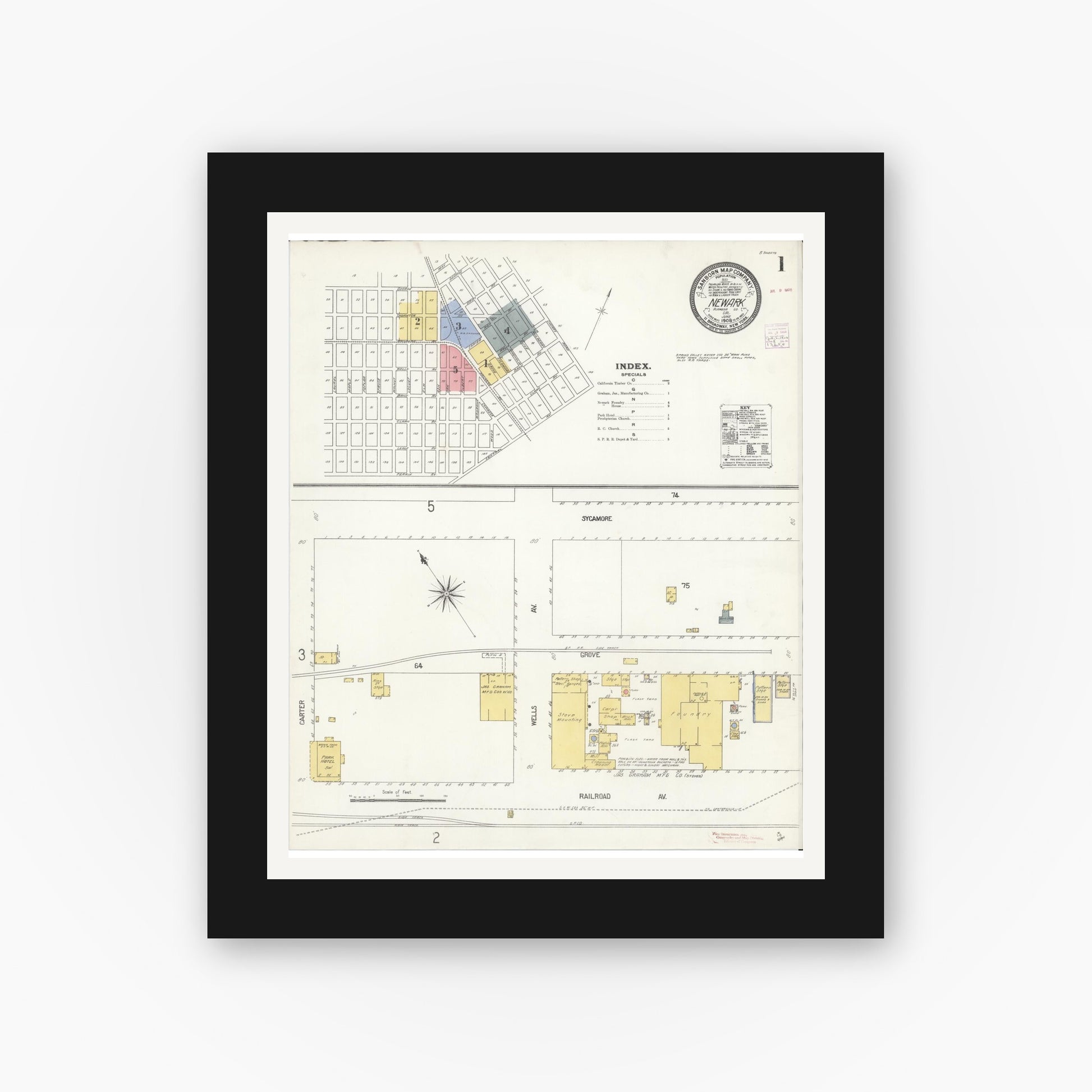 Old map wall art mockup — black gallery frame with white mat — Sanborn Fire Insurance Map from Newark, Alameda County, California (1908), Sheet #0001