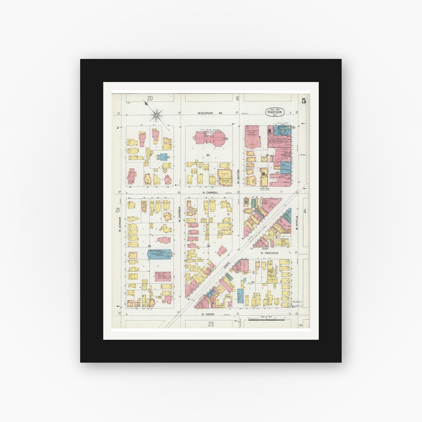 Old map wall art mockup — black gallery frame with white mat — Sanborn Fire Insurance Map from Madison, Dane County, Wisconsin (1902), Sheet #0005