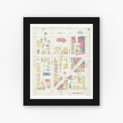 Old map wall art mockup — black gallery frame with white mat — Sanborn Fire Insurance Map from Madison, Dane County, Wisconsin (1902), Sheet #0005
