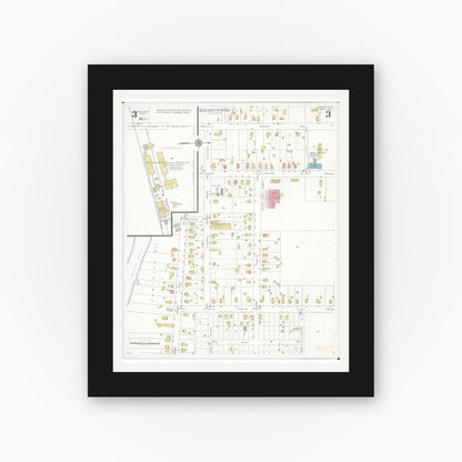 Old map wall art mockup — black gallery frame with white mat — Sanborn Fire Insurance Map from Dundee, Monroe County, Michigan (1938), Sheet #0003