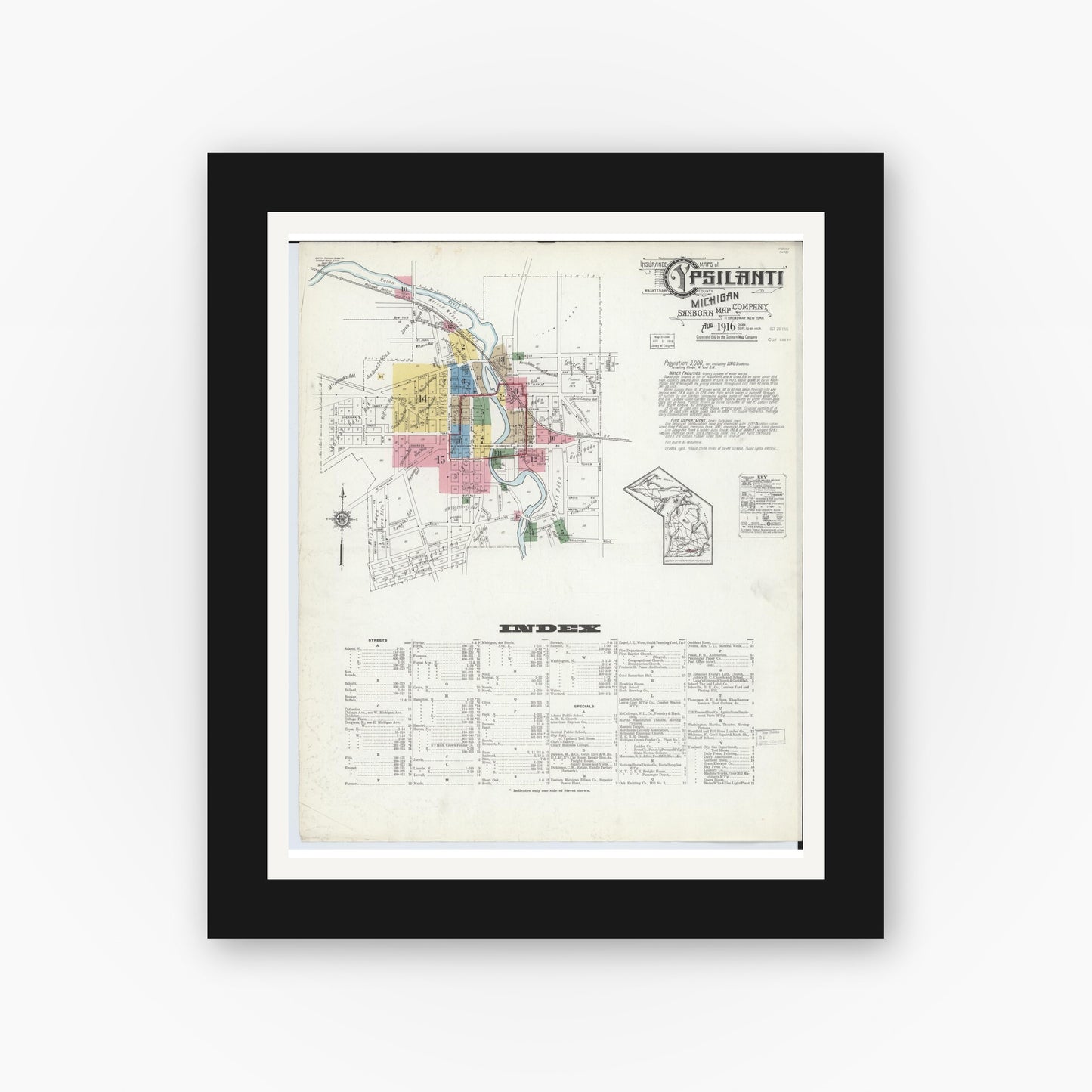 Old map wall art mockup — black gallery frame with white mat — Sanborn Fire Insurance Map from Ypsilanti, Washtenaw County, Michigan (1916), Sheet #0001