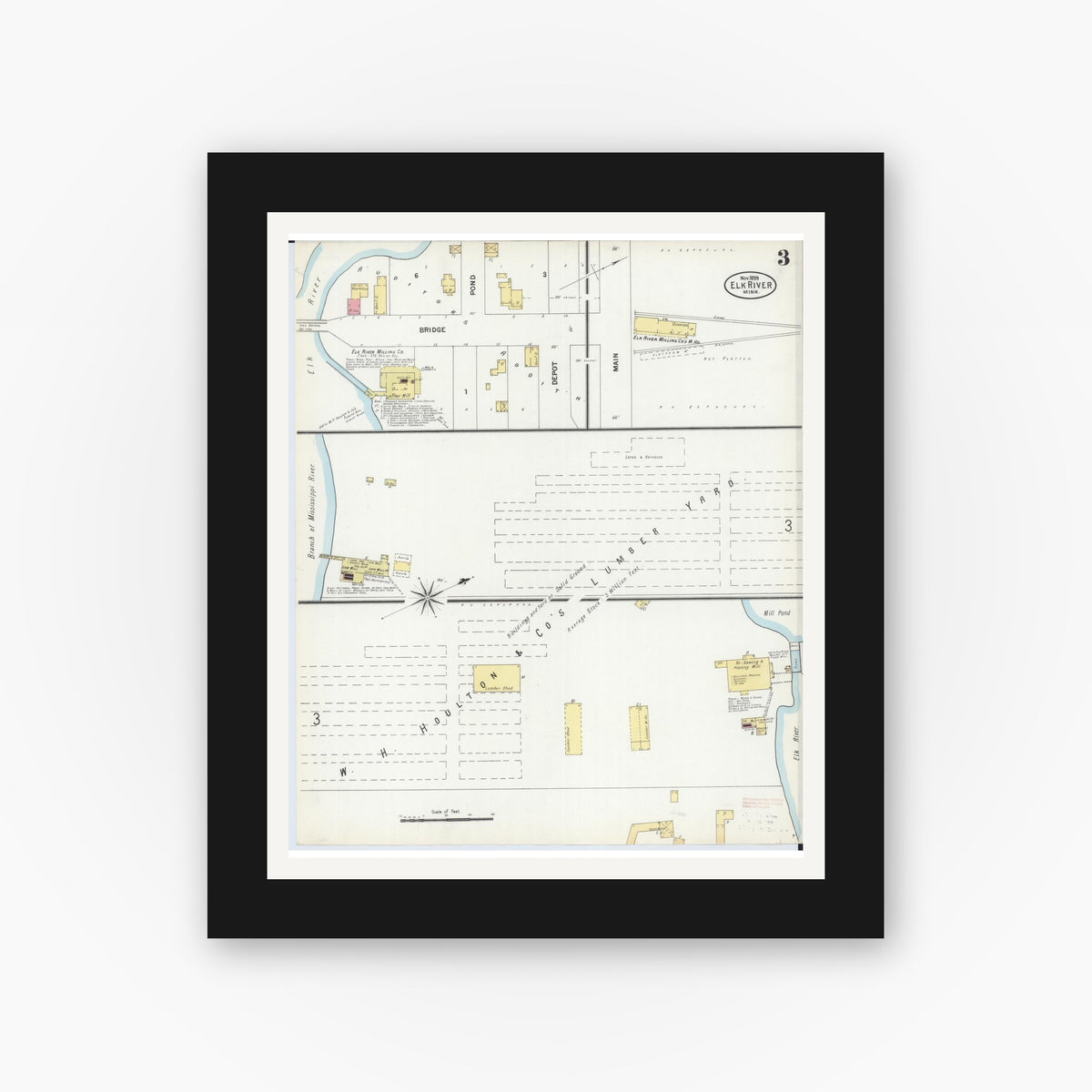 Old map wall art mockup — black gallery frame with white mat — Sanborn Fire Insurance Map from Elk River, Sherburne County, Minnesota (1899), Sheet #0003