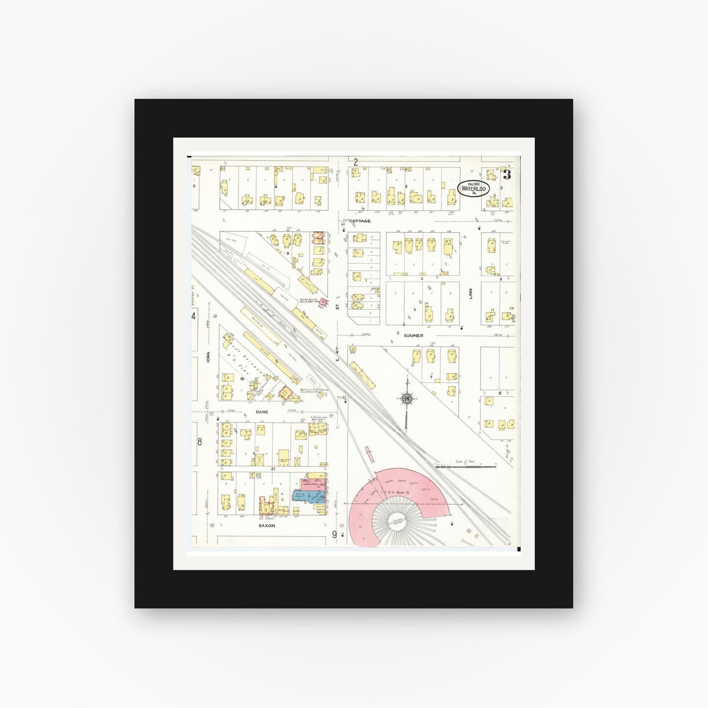 Old map wall art mockup — black gallery frame with white mat — Sanborn Fire Insurance Map from Waterloo, Black Hawk County, Iowa (1910), Sheet #0003