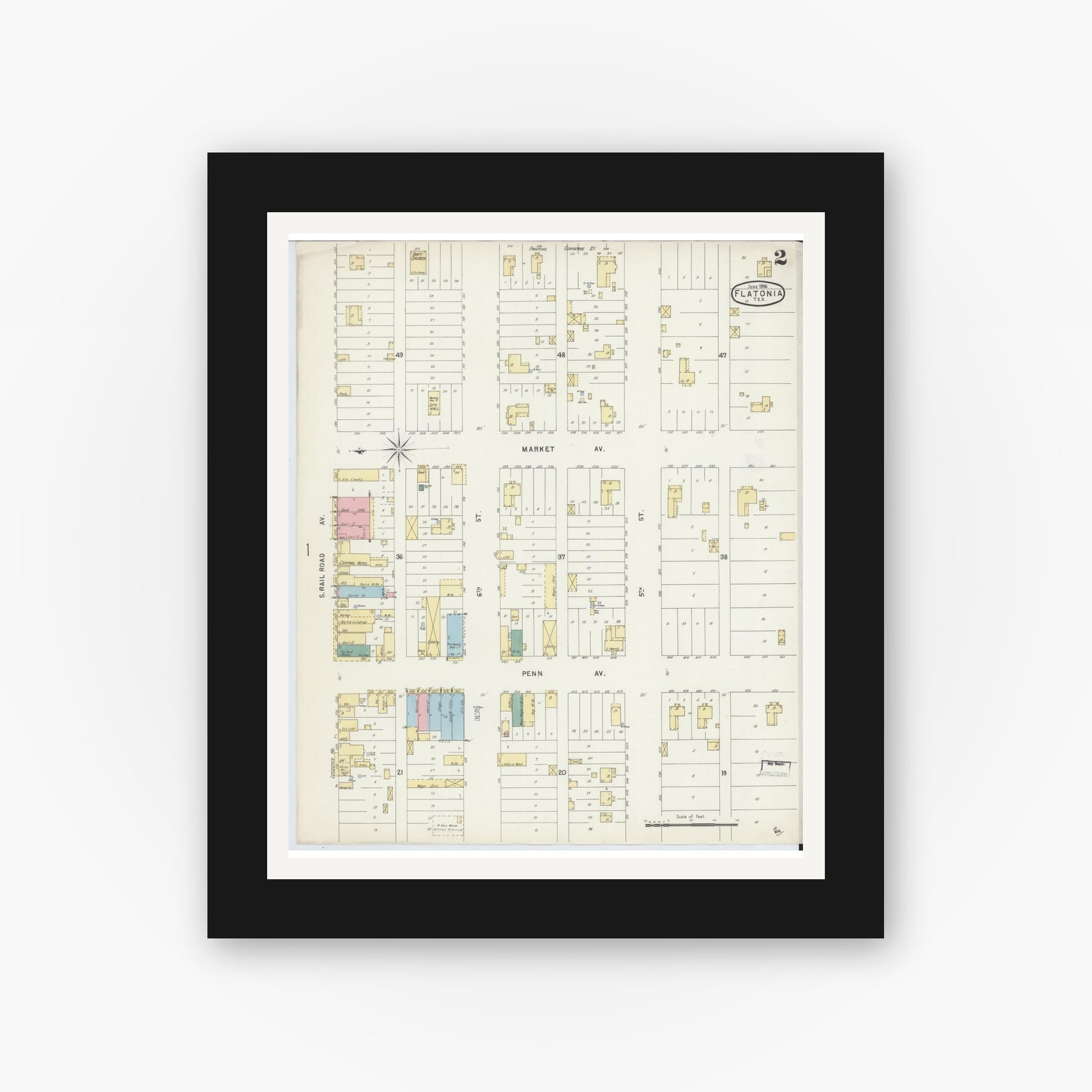 Old map wall art mockup — black gallery frame with white mat — Sanborn Fire Insurance Map from Flatonia, Fayette County, Texas (1896), Sheet #0002