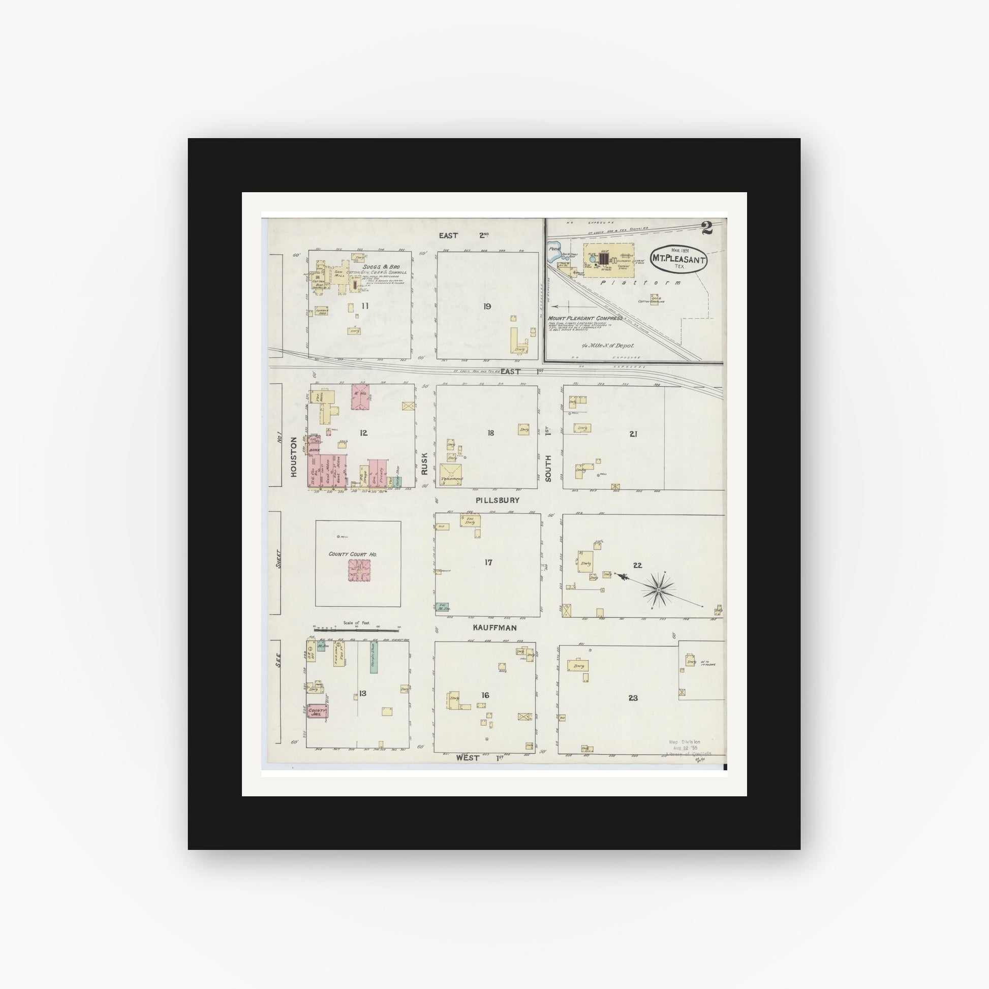 Old map wall art mockup — black gallery frame with white mat — Sanborn Fire Insurance Map from Mount Pleasant, Titus County, Texas (1891), Sheet #0002
