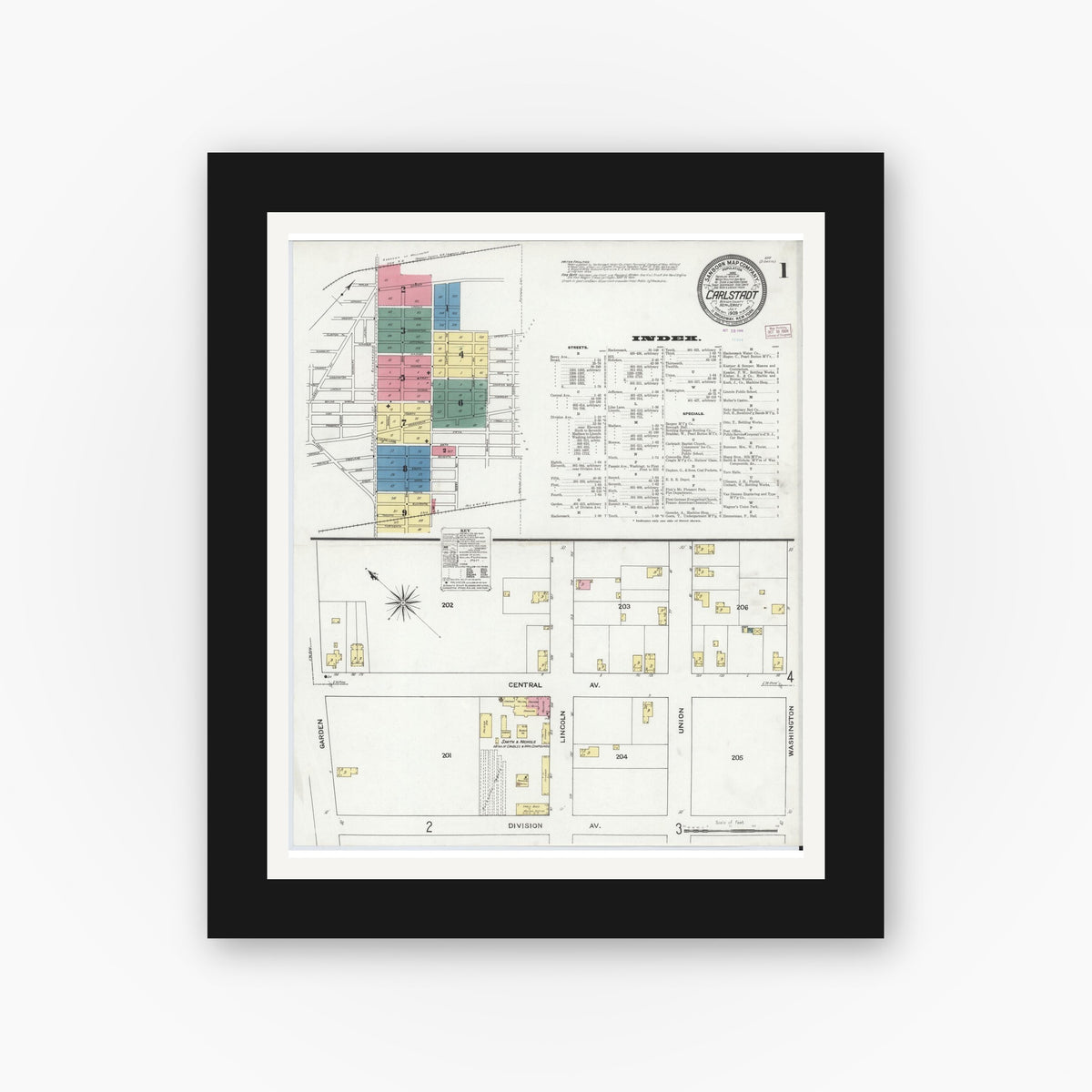 Old map wall art mockup — black gallery frame with white mat — Sanborn Fire Insurance Map from Carlstadt, Bergen County, New Jersey (1909) - Complete Map Set