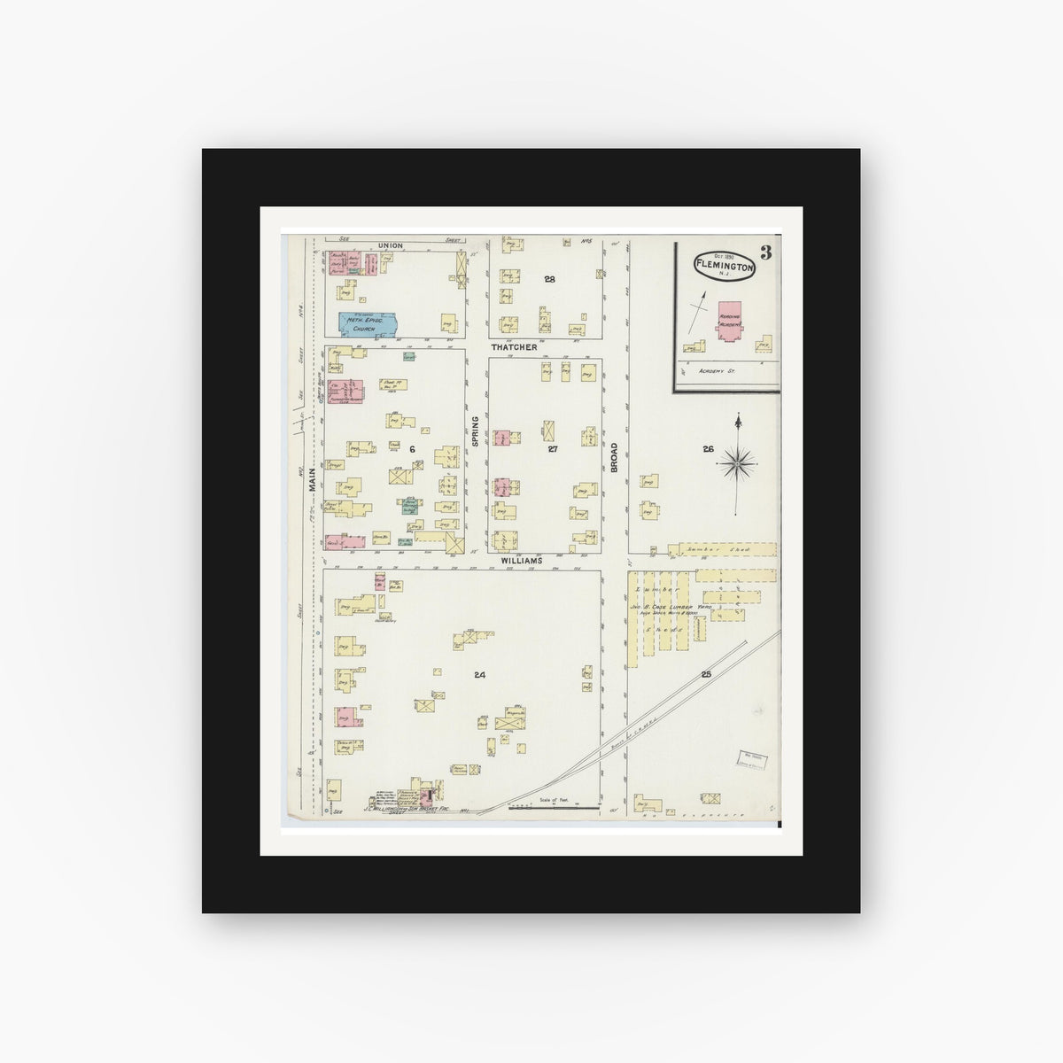 Old map wall art mockup — black gallery frame with white mat — Sanborn Fire Insurance Map from Flemington, Hunterdon County, New Jersey (1890), Sheet #0003