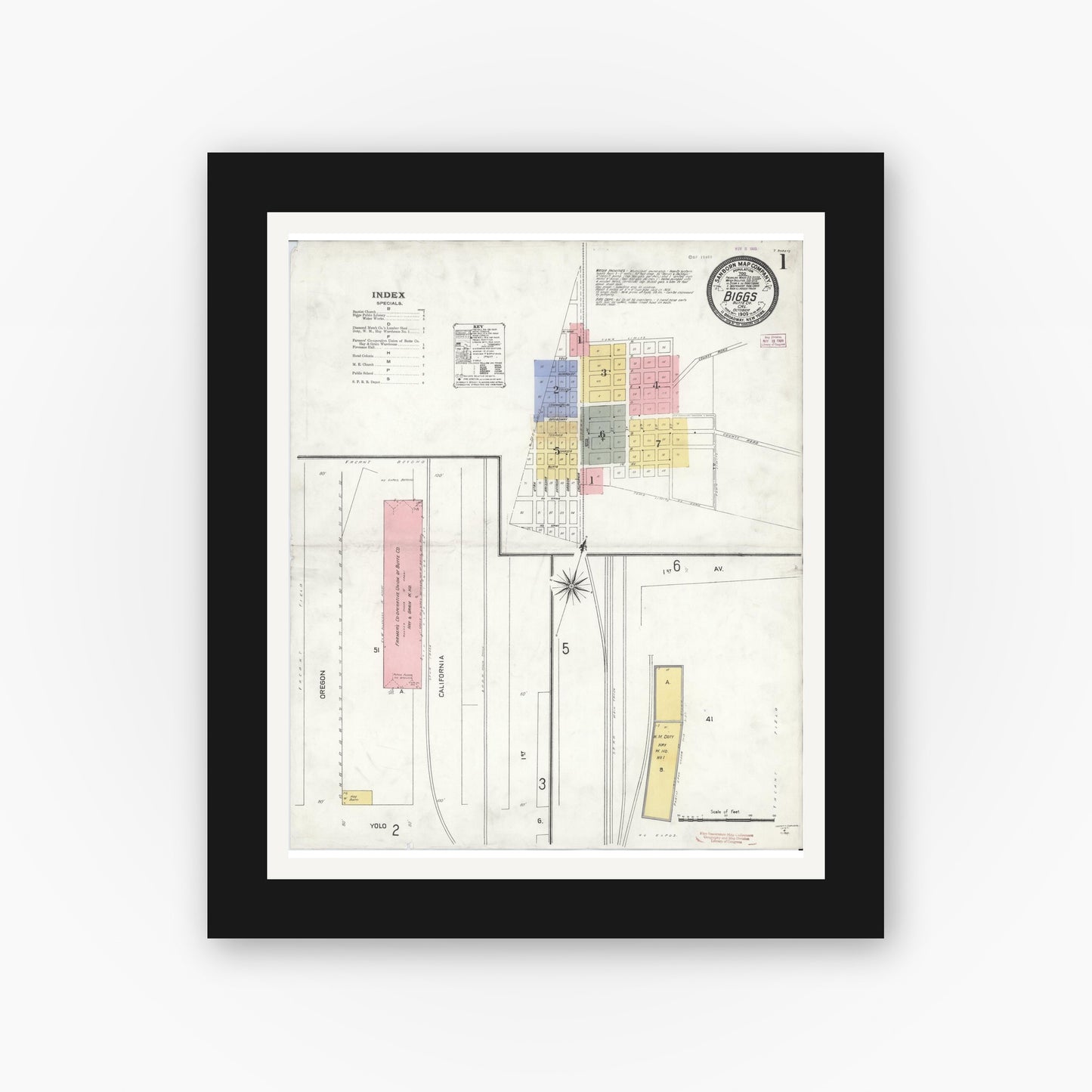 Old map wall art mockup — black gallery frame with white mat — Sanborn Fire Insurance Map from Biggs, Butte County, California (1909), Sheet #0001