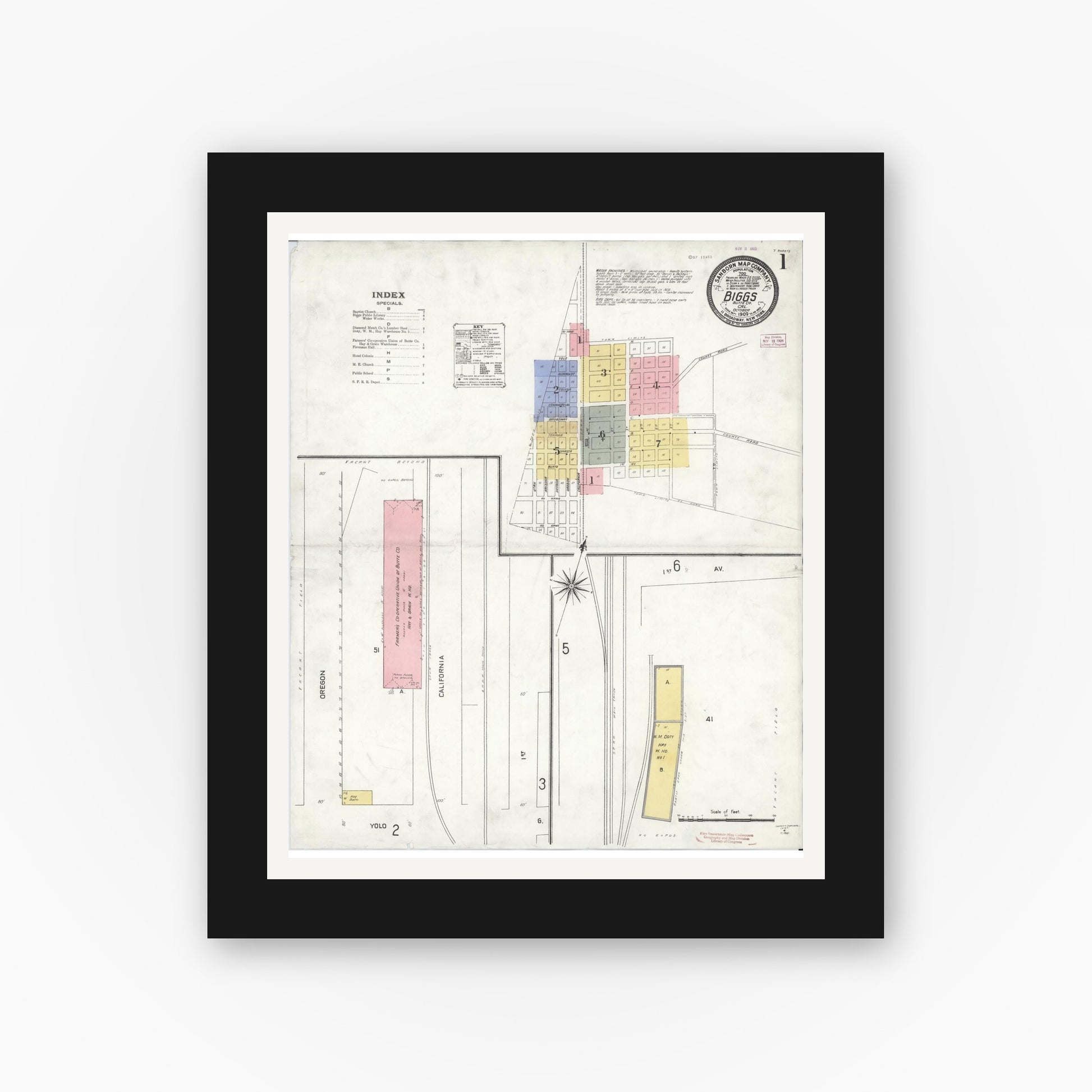 Old map wall art mockup — black gallery frame with white mat — Sanborn Fire Insurance Map from Biggs, Butte County, California (1909), Sheet #0001