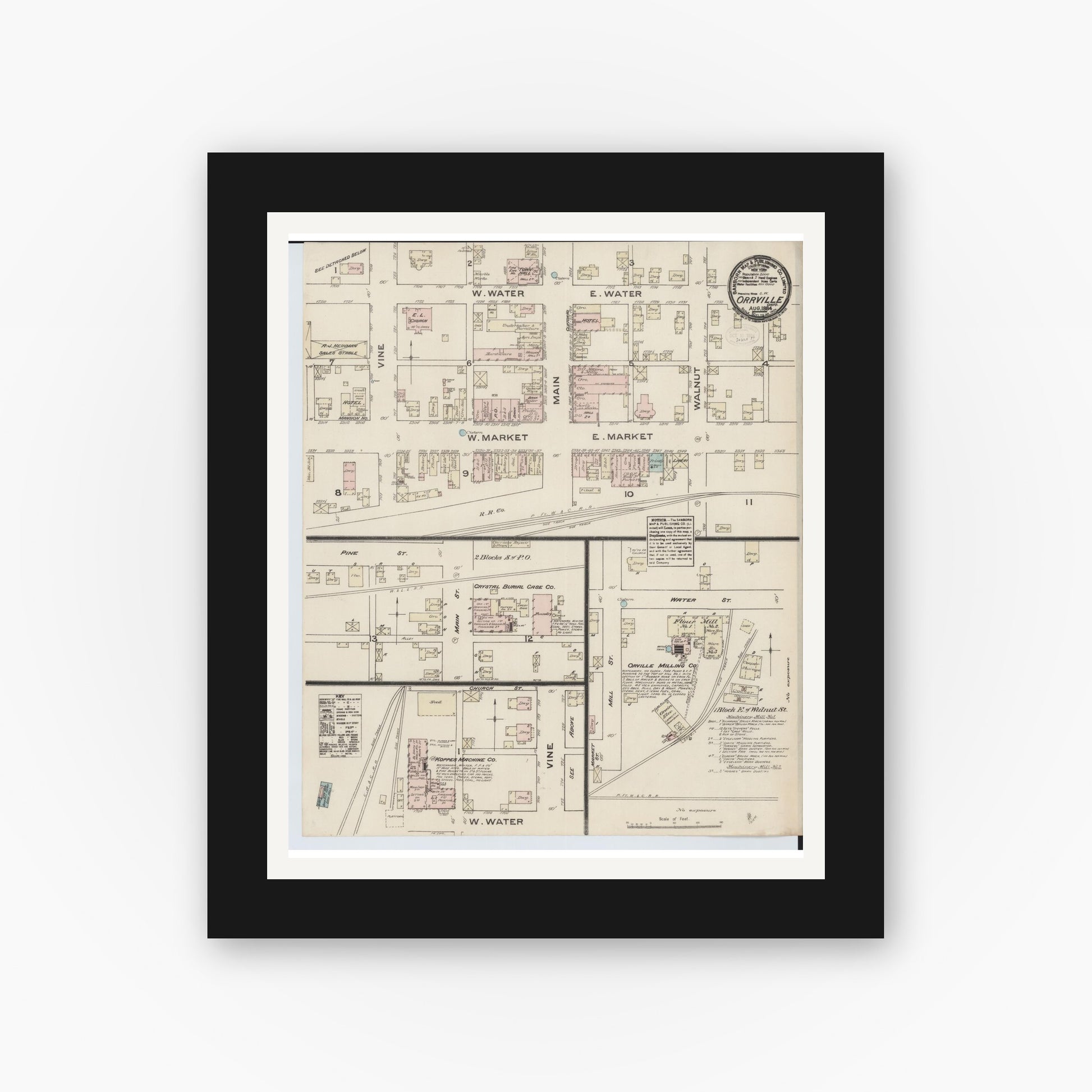 Old map wall art mockup — black gallery frame with white mat — Sanborn Fire Insurance Map from Orrville, Wayne County, Ohio (1884), Sheet #0001