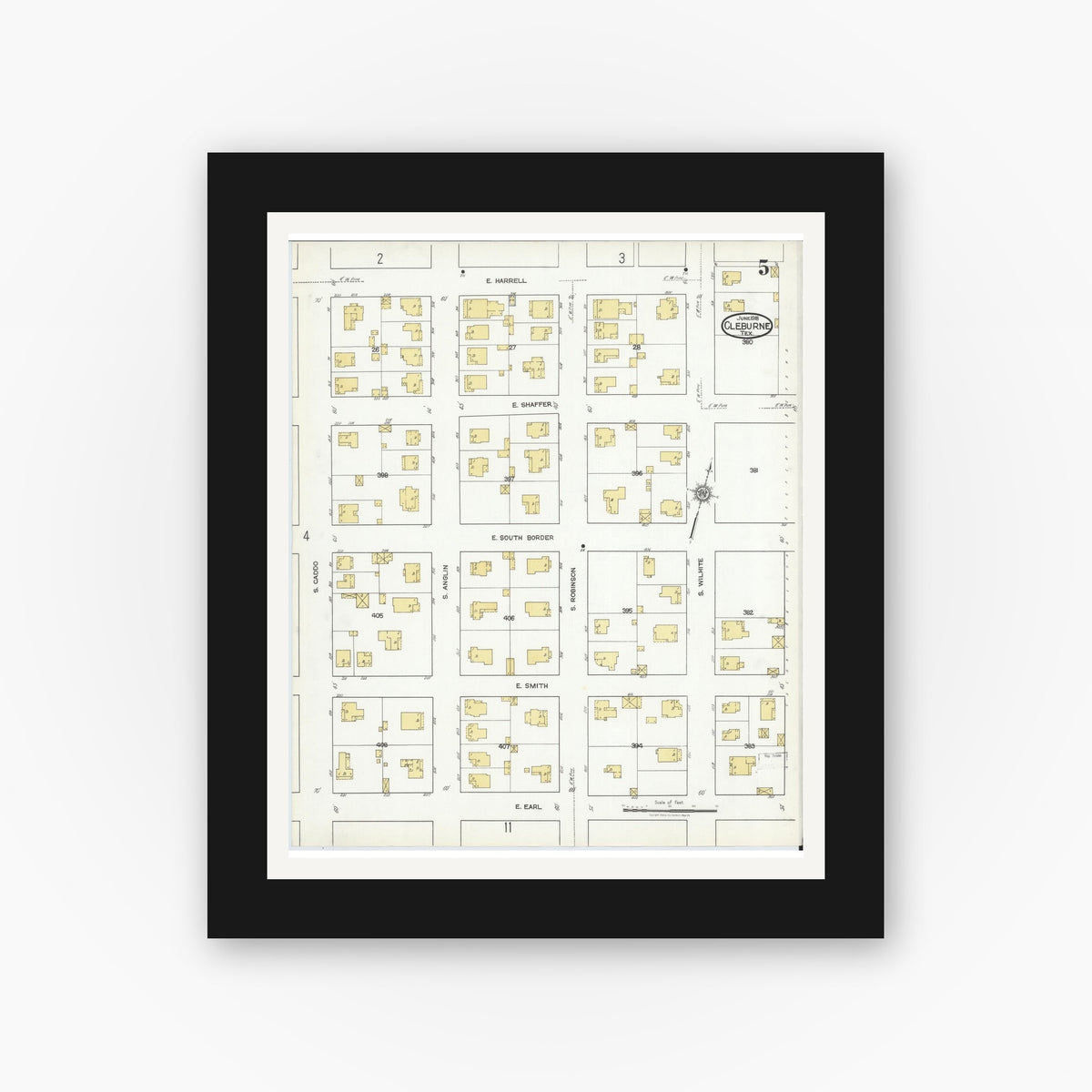 Old map wall art mockup — black gallery frame with white mat — Sanborn Fire Insurance Map from Cleburne, Johnson County, Texas (1918), Sheet #0005