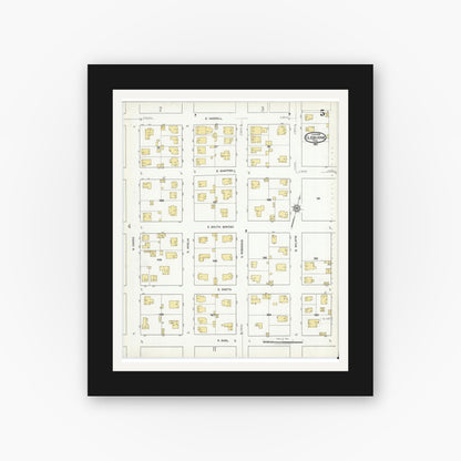 Old map wall art mockup — black gallery frame with white mat — Sanborn Fire Insurance Map from Cleburne, Johnson County, Texas (1918), Sheet #0005