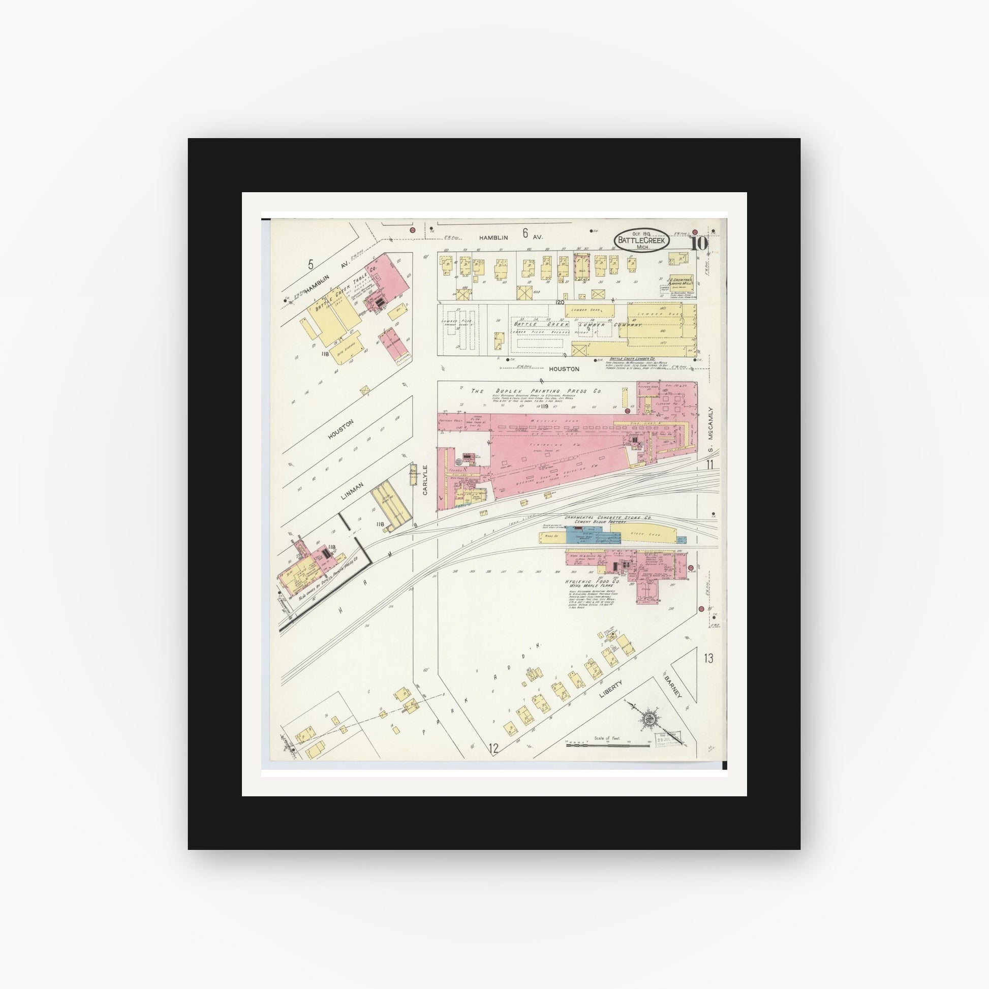 Old map wall art mockup — black gallery frame with white mat — Sanborn Fire Insurance Map from Battle Creek, Calhoun County, Michigan (1913), Sheet #0010