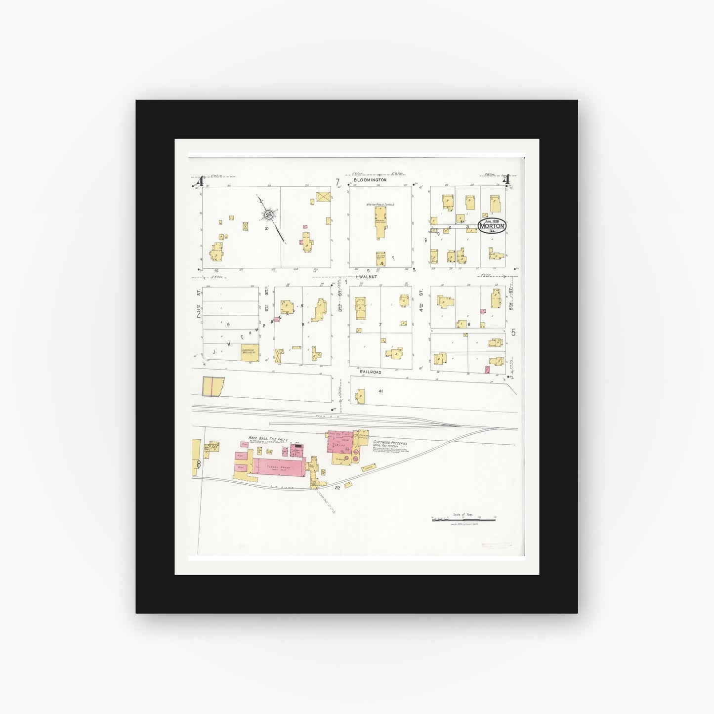 Old map wall art mockup — black gallery frame with white mat — Sanborn Fire Insurance Map from Morton, Tazewell County, Illinois (1926), Sheet #0004