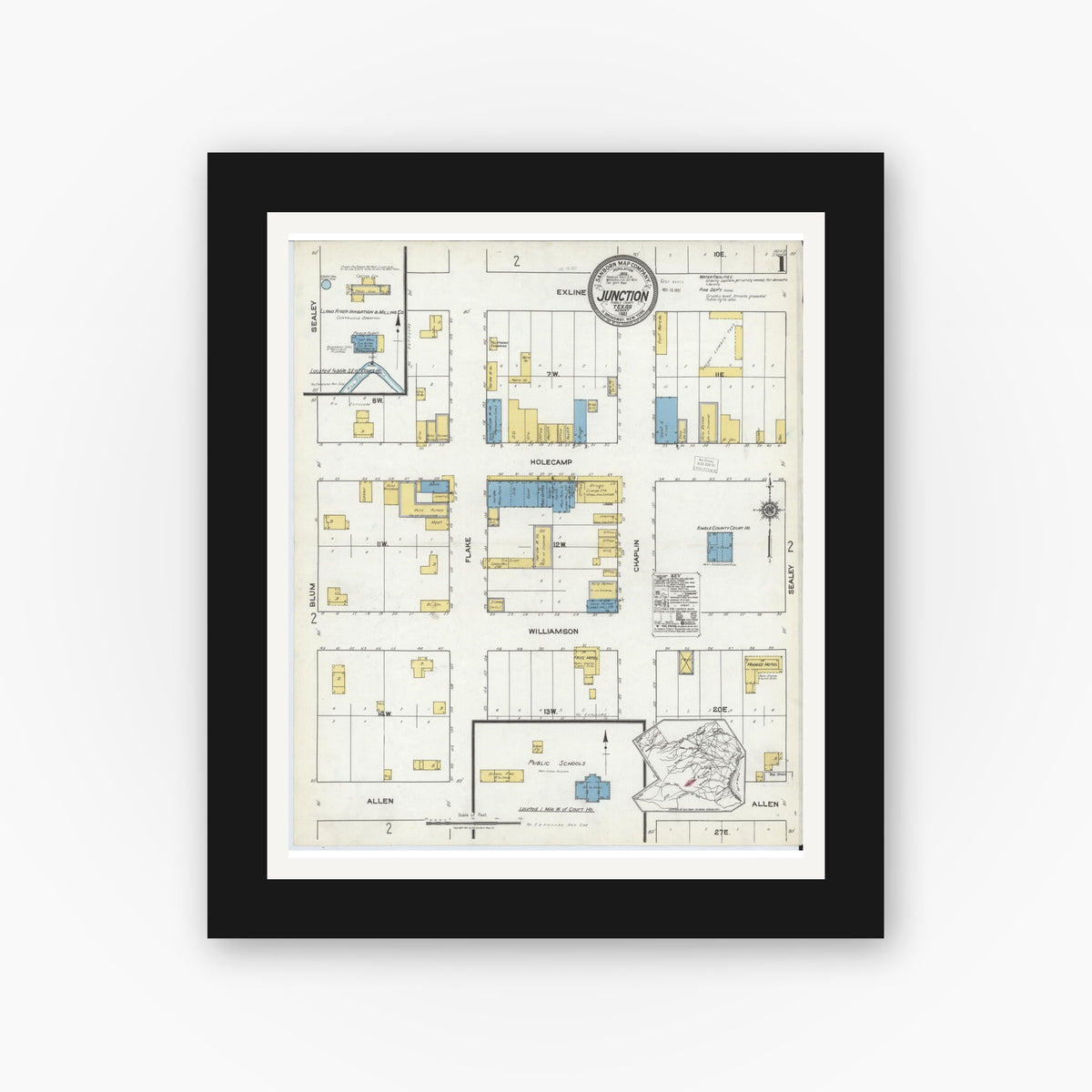 Old map wall art mockup — black gallery frame with white mat — Sanborn Fire Insurance Map from Junction, Kimble County, Texas (1921) - Complete Map Set