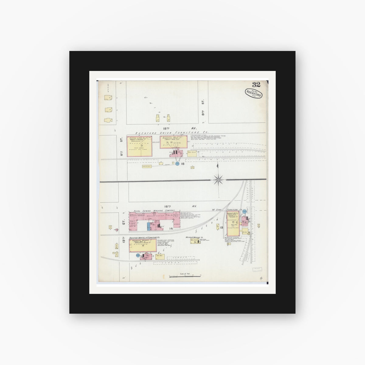Old map wall art mockup — black gallery frame with white mat — Sanborn Fire Insurance Map from Rockford, Winnebago County, Illinois (1891), Sheet #0032