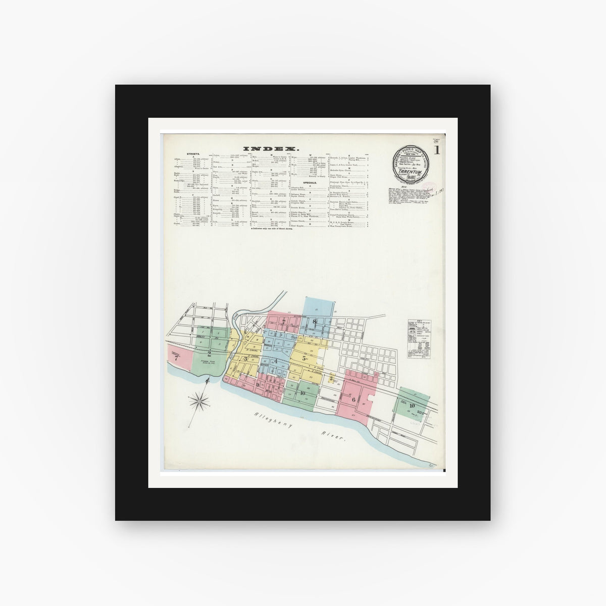 Old map wall art mockup — black gallery frame with white mat — Sanborn Fire Insurance Map from Tarentum, Allegheny County, Pennsylvania (1897), Sheet #0001