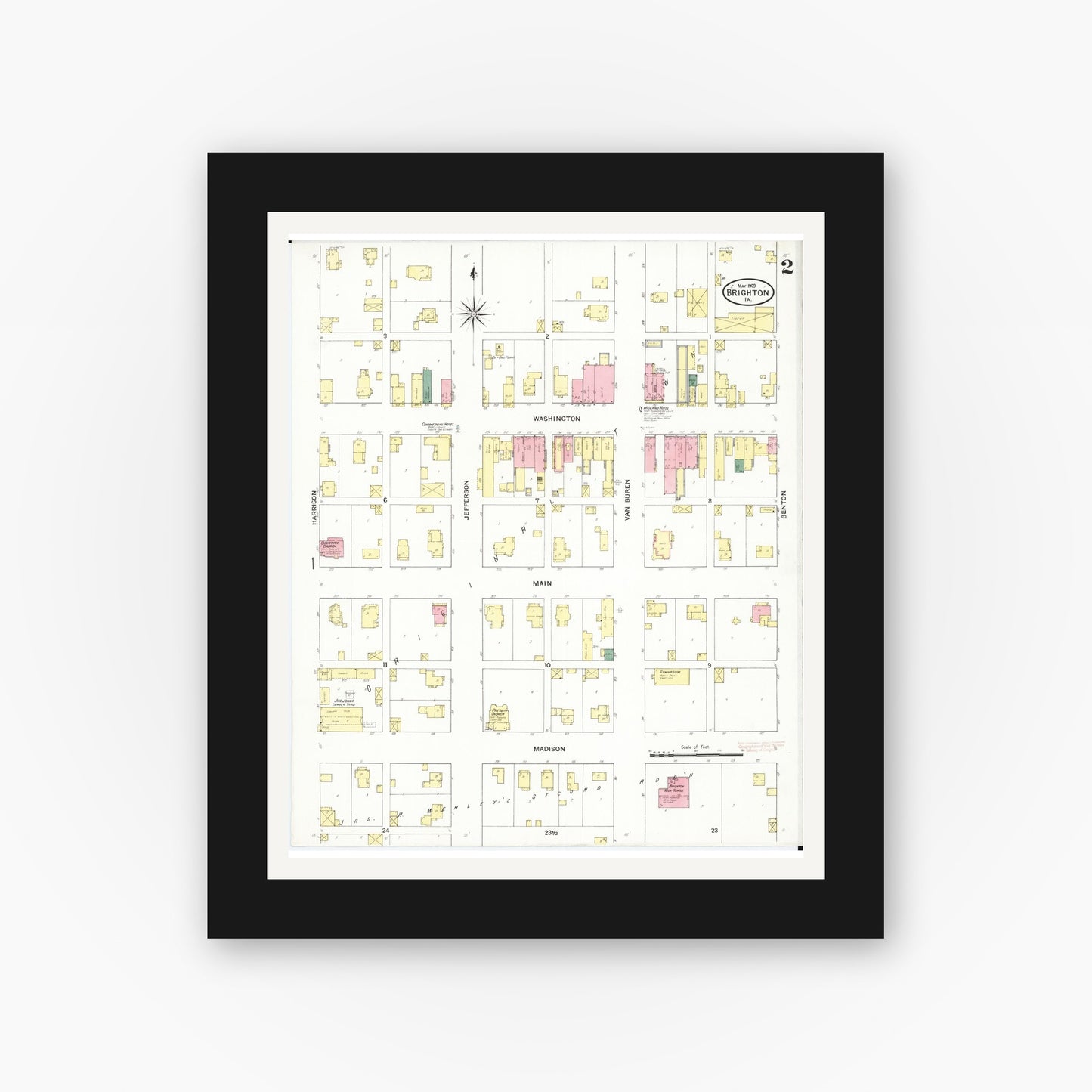 Old map wall art mockup — black gallery frame with white mat — Sanborn Fire Insurance Map from Brighton, Washington County, Iowa (1909), Sheet #0002