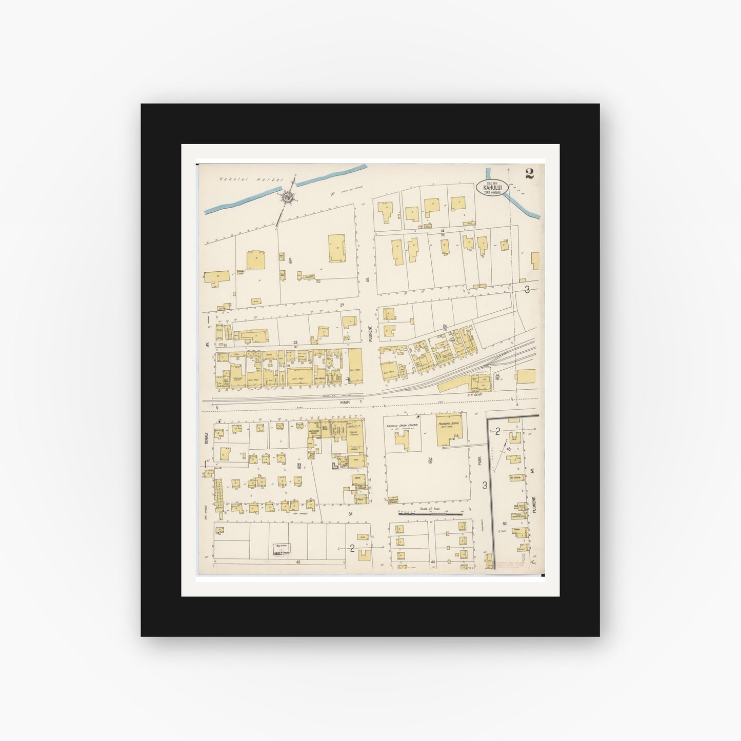 Old map wall art mockup — black gallery frame with white mat — Sanborn Fire Insurance Map from Kahului, Maui County, Hawaii (1914), Sheet #0002
