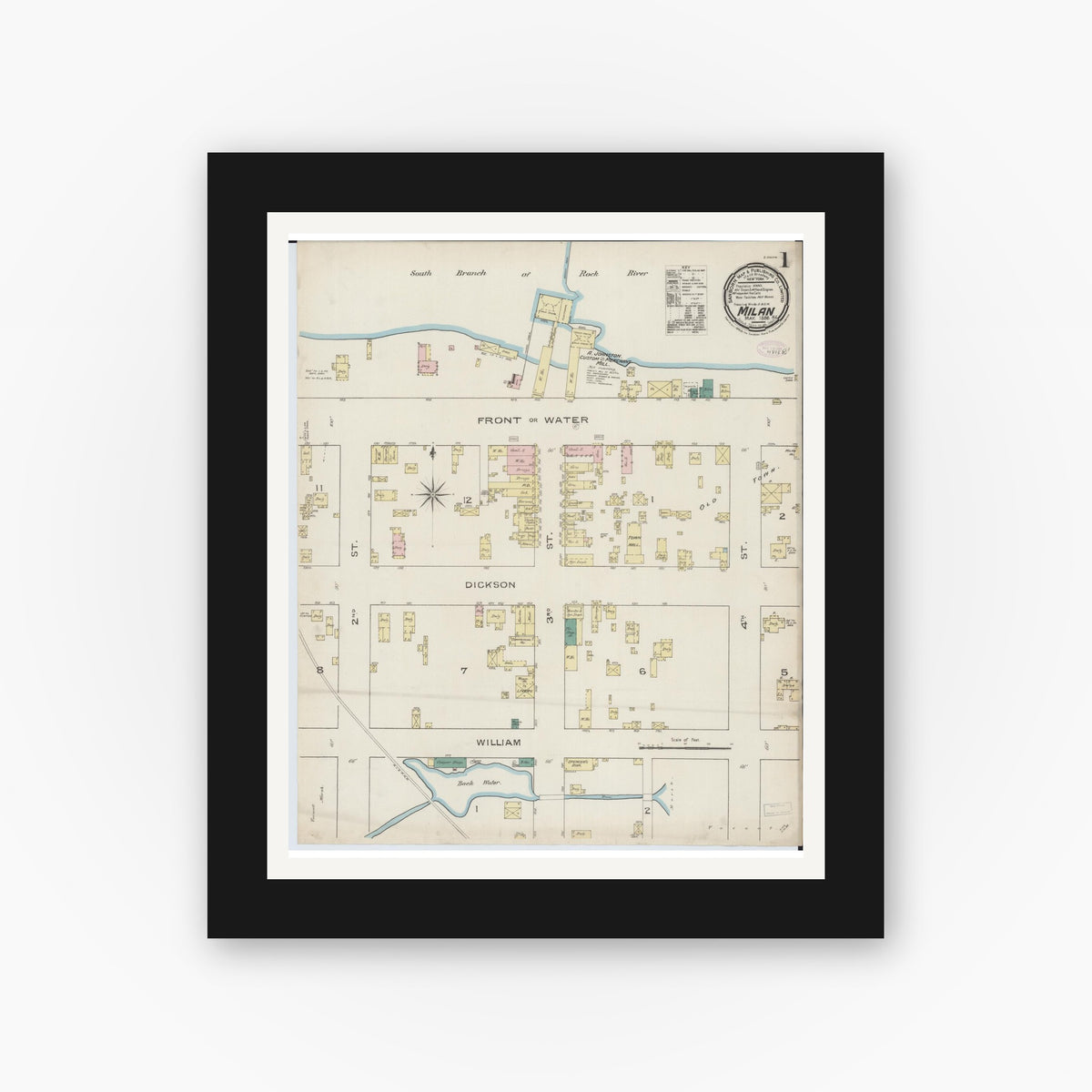 Old map wall art mockup — black gallery frame with white mat — Sanborn Fire Insurance Map from Milan, Rock Island County, Illinois (1886) - Complete Map Set