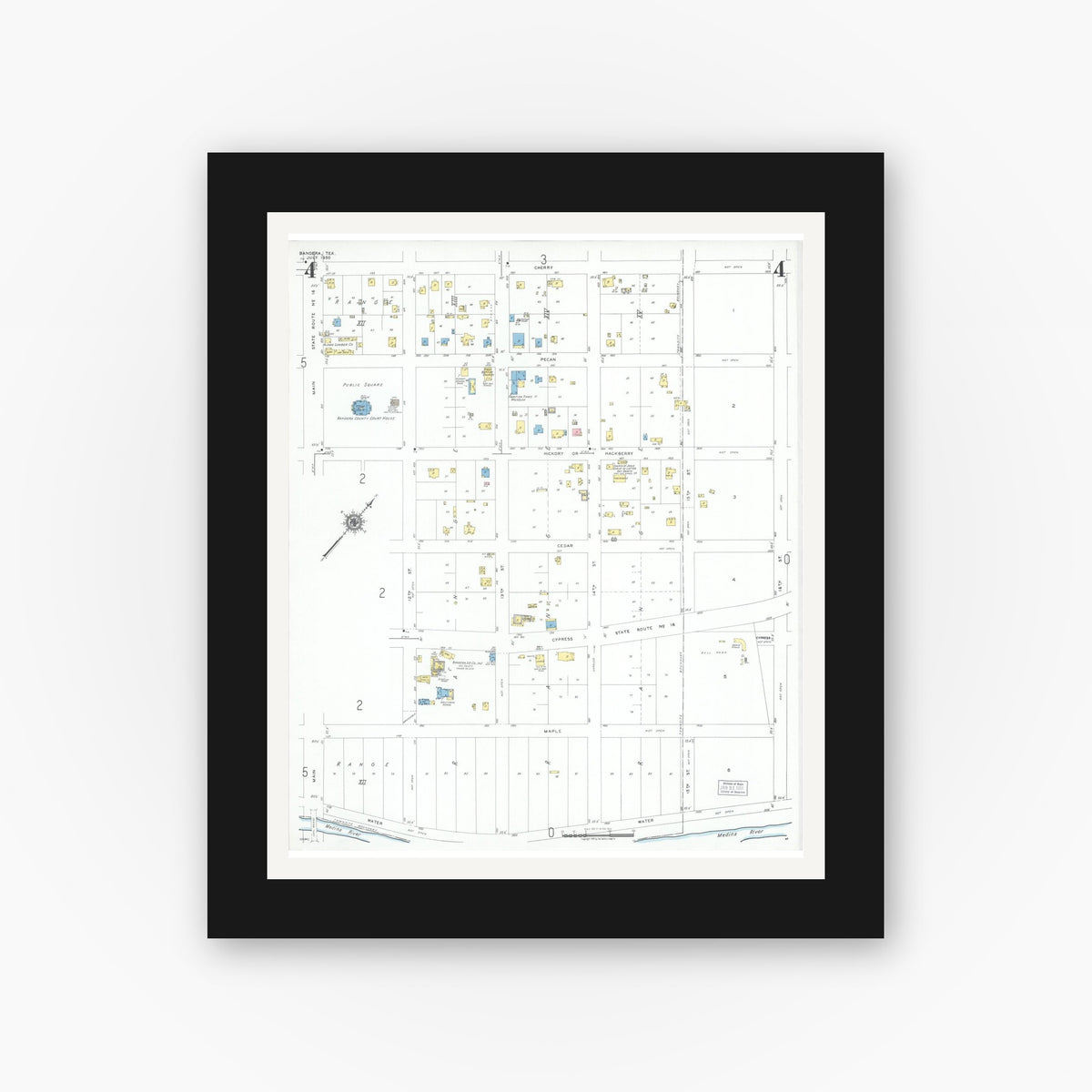 Old map wall art mockup — black gallery frame with white mat — Sanborn Fire Insurance Map from Bandera, Bandera County, Texas (1950), Sheet #0004