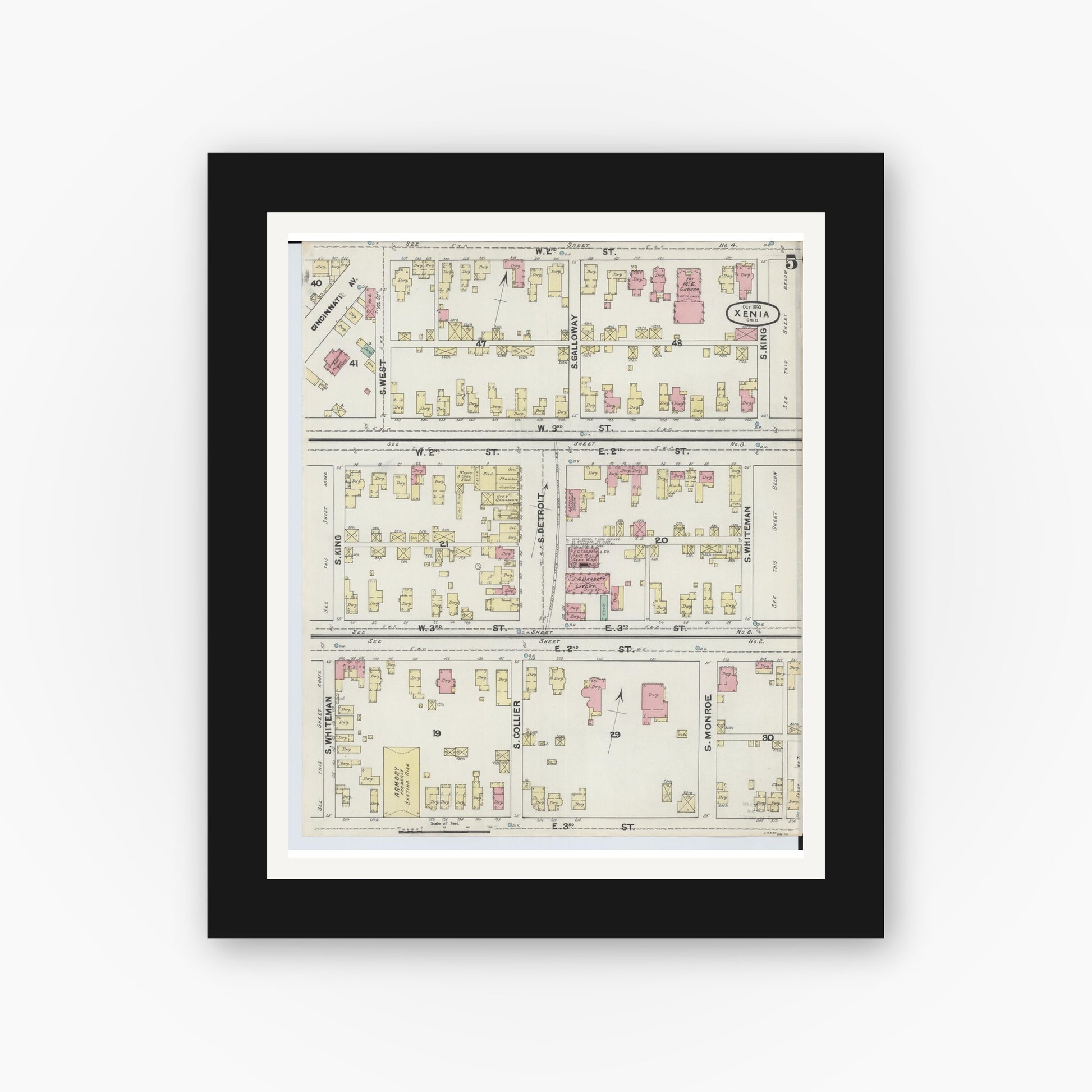 Old map wall art mockup — black gallery frame with white mat — Sanborn Fire Insurance Map from Xenia, Greene County, Ohio (1890), Sheet #0005