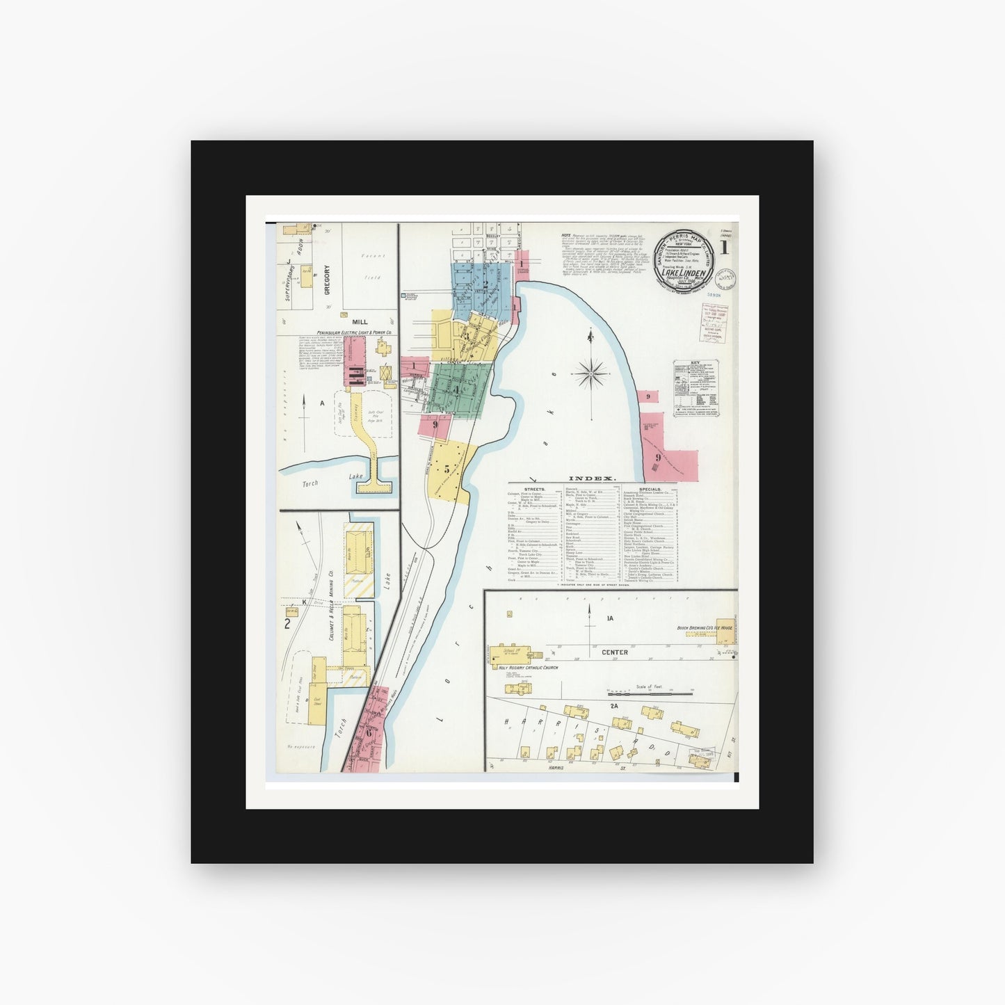 Old map wall art mockup — black gallery frame with white mat — Sanborn Fire Insurance Map from Lake Linden, Houghton County, Michigan (1900) - Complete Map Set