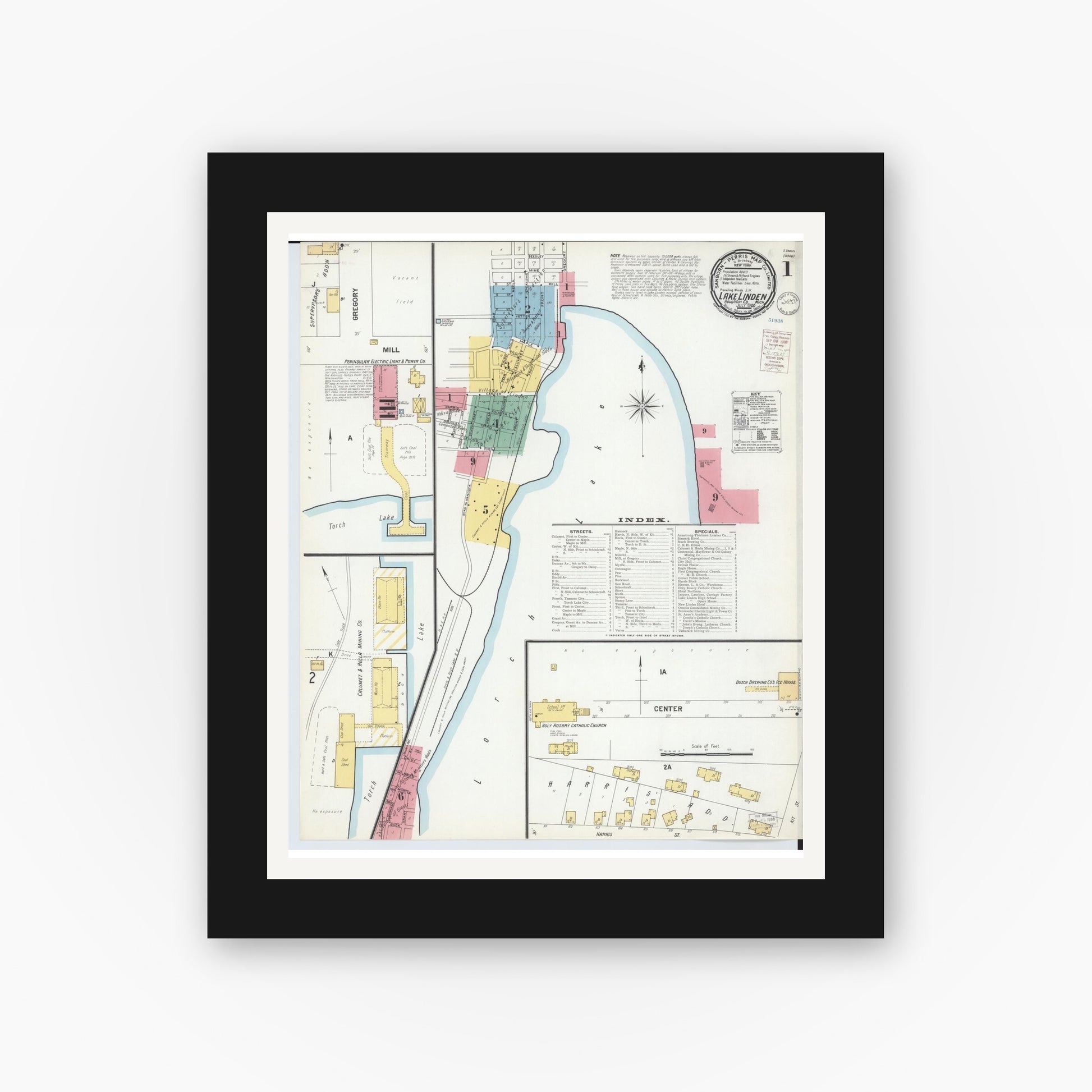 Old map wall art mockup — black gallery frame with white mat — Sanborn Fire Insurance Map from Lake Linden, Houghton County, Michigan (1900) - Complete Map Set