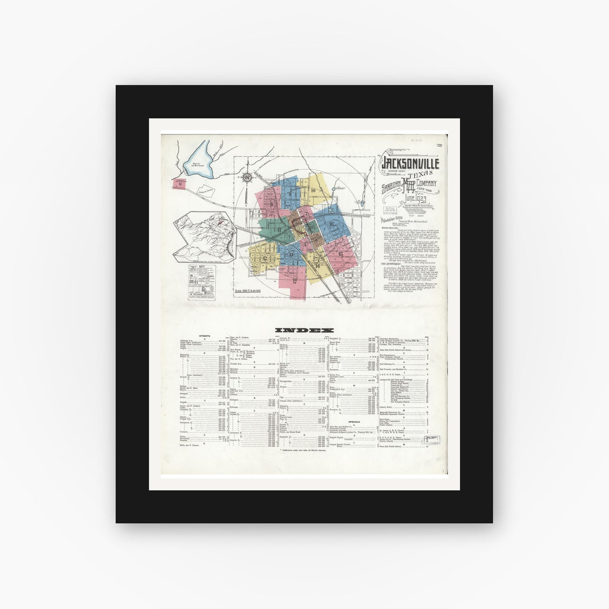 Old map wall art mockup — black gallery frame with white mat — Sanborn Fire Insurance Map from Jacksonville, Cherokee County, Texas (1923) - Complete Map Set