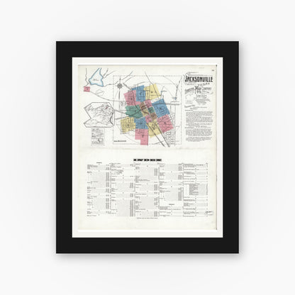 Old map wall art mockup — black gallery frame with white mat — Sanborn Fire Insurance Map from Jacksonville, Cherokee County, Texas (1923) - Complete Map Set