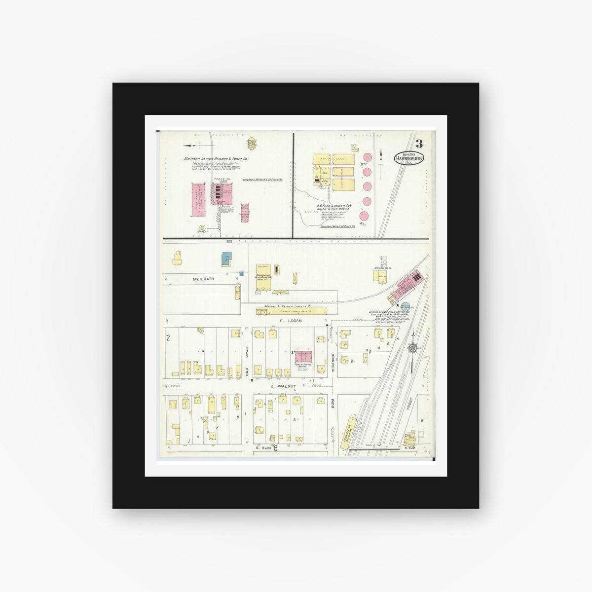 Old map wall art mockup — black gallery frame with white mat — Sanborn Fire Insurance Map from Harrisburg, Saline County, Illinois (1913), Sheet #0003