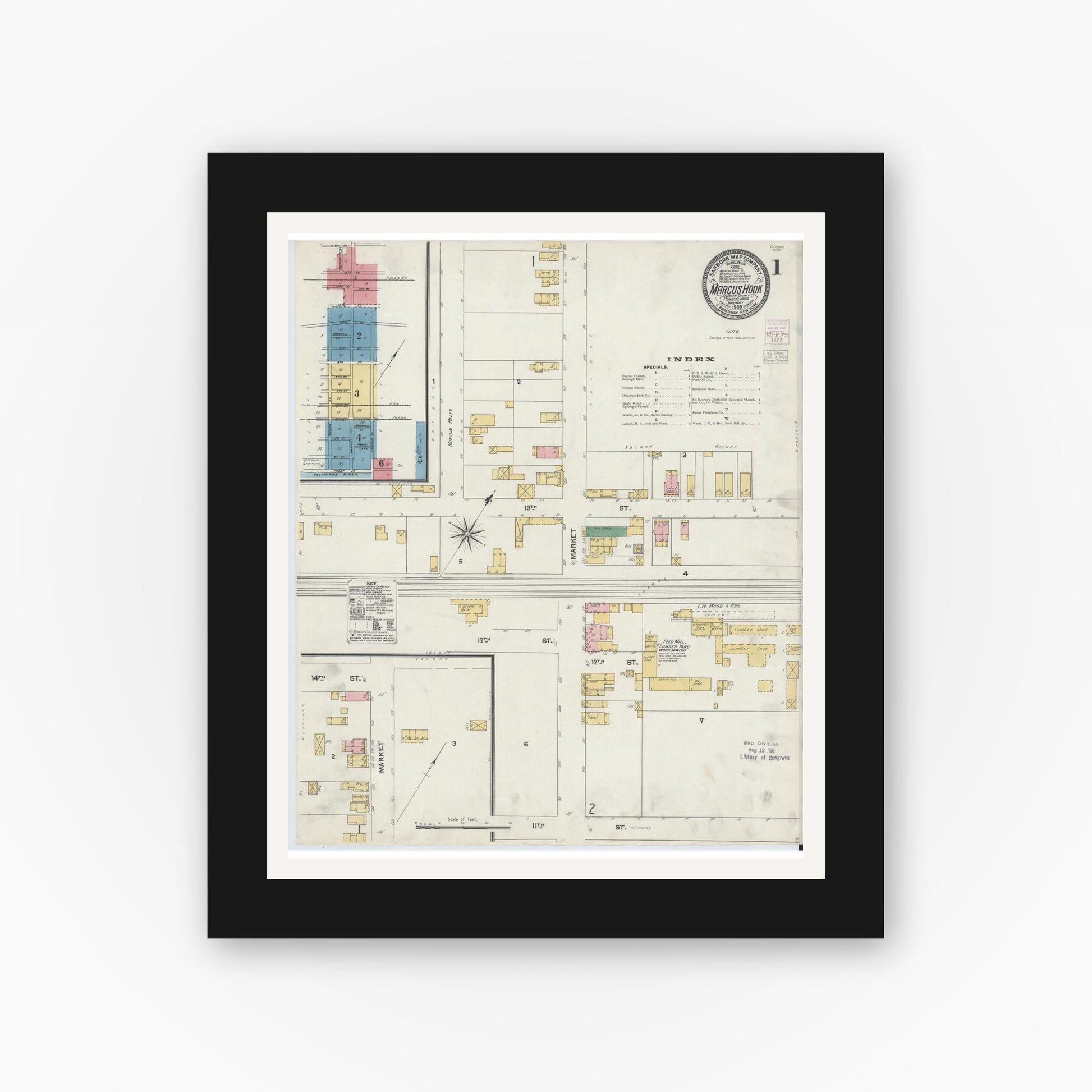 Old map wall art mockup — black gallery frame with white mat — Sanborn Fire Insurance Map from Marcus Hook, Chester County, Pennsylvania (1905) - Complete Map Set