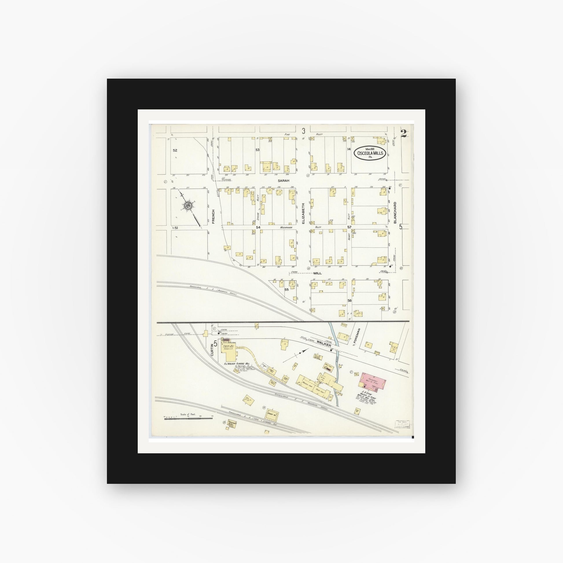 Old map wall art mockup — black gallery frame with white mat — Sanborn Fire Insurance Map from Osceola Mills, Clearfield County, Pennsylvania (1910), Sheet #0002