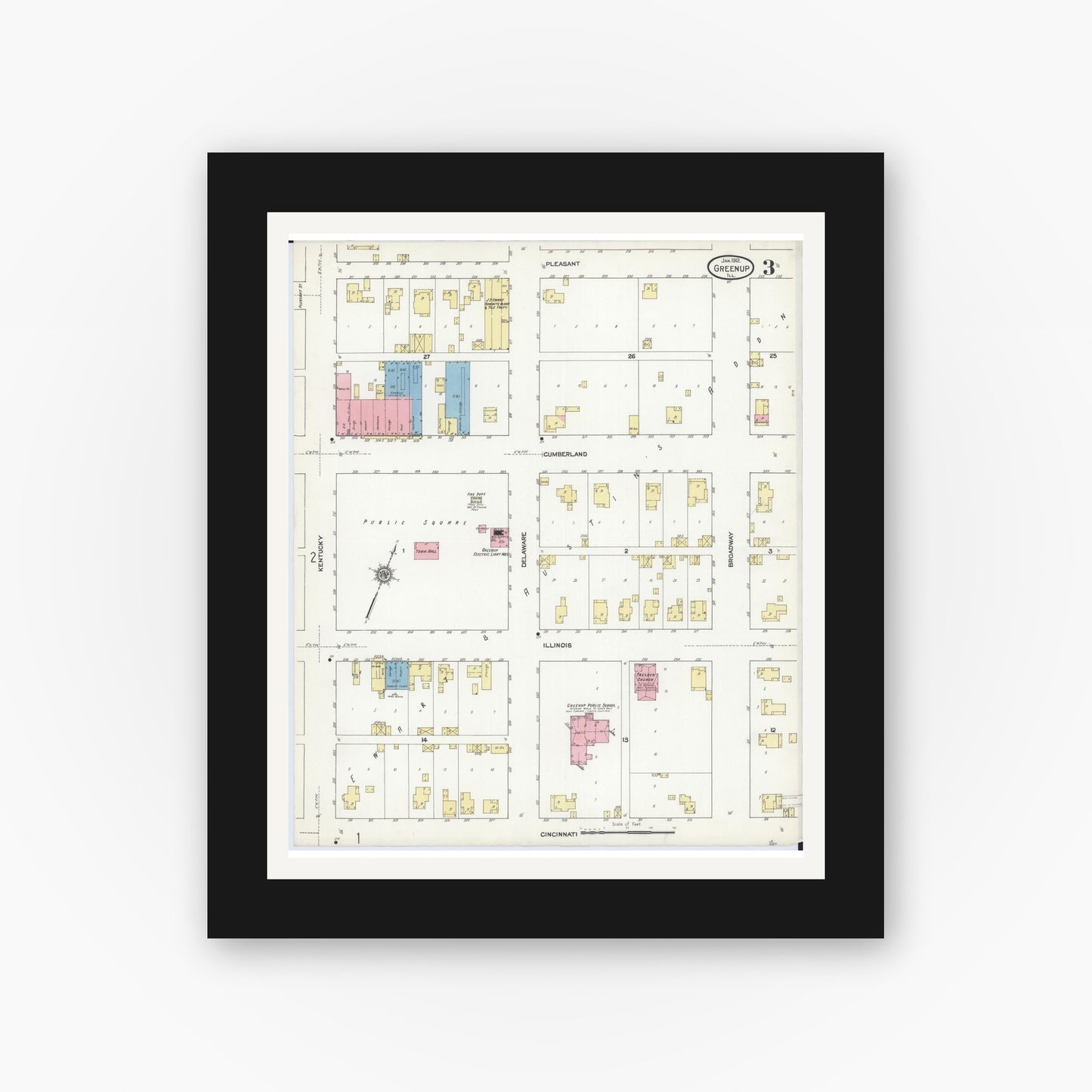 Old map wall art mockup — black gallery frame with white mat — Sanborn Fire Insurance Map from Greenup, Cumberland County, Illinois (1912), Sheet #0003