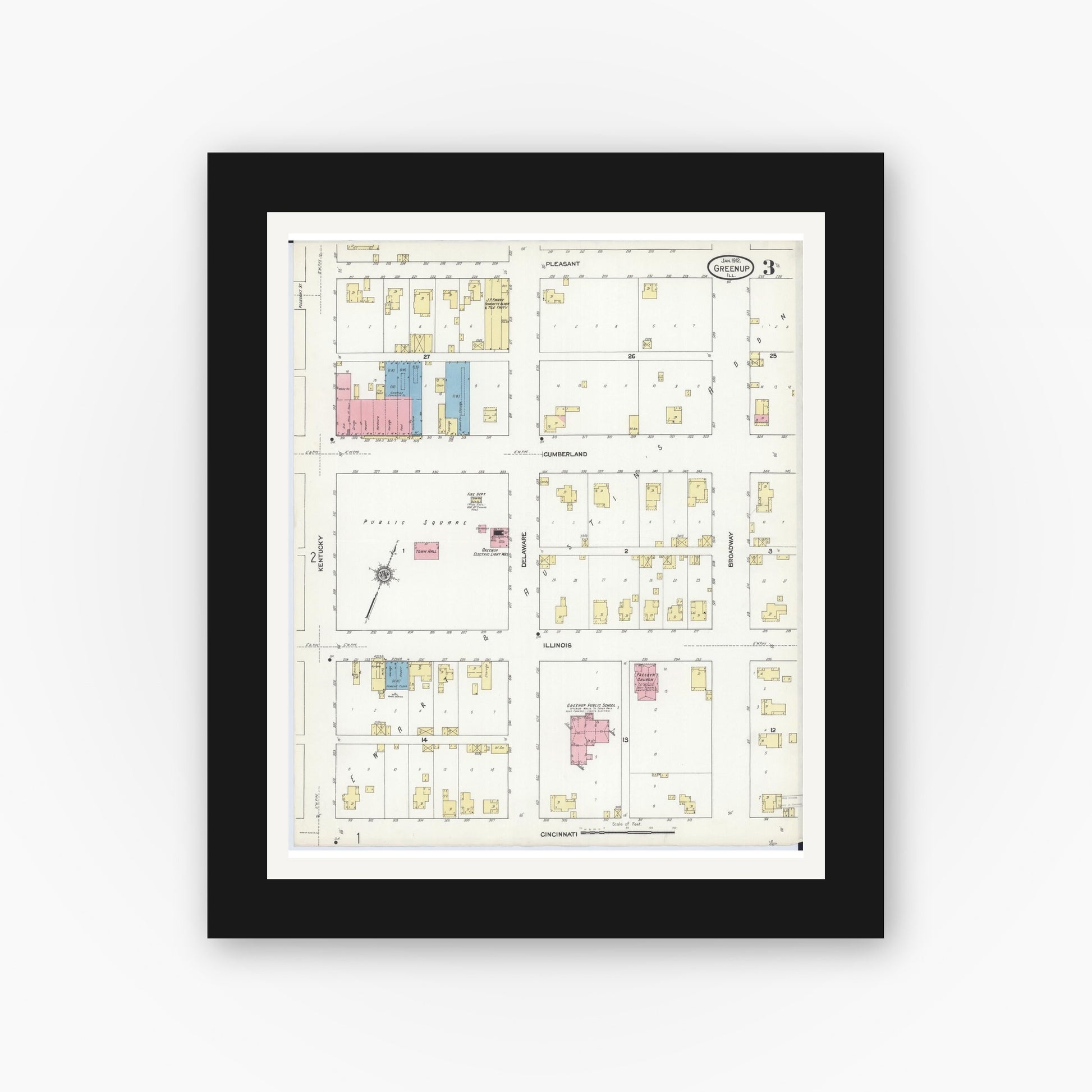 Old map wall art mockup — black gallery frame with white mat — Sanborn Fire Insurance Map from Greenup, Cumberland County, Illinois (1912), Sheet #0003