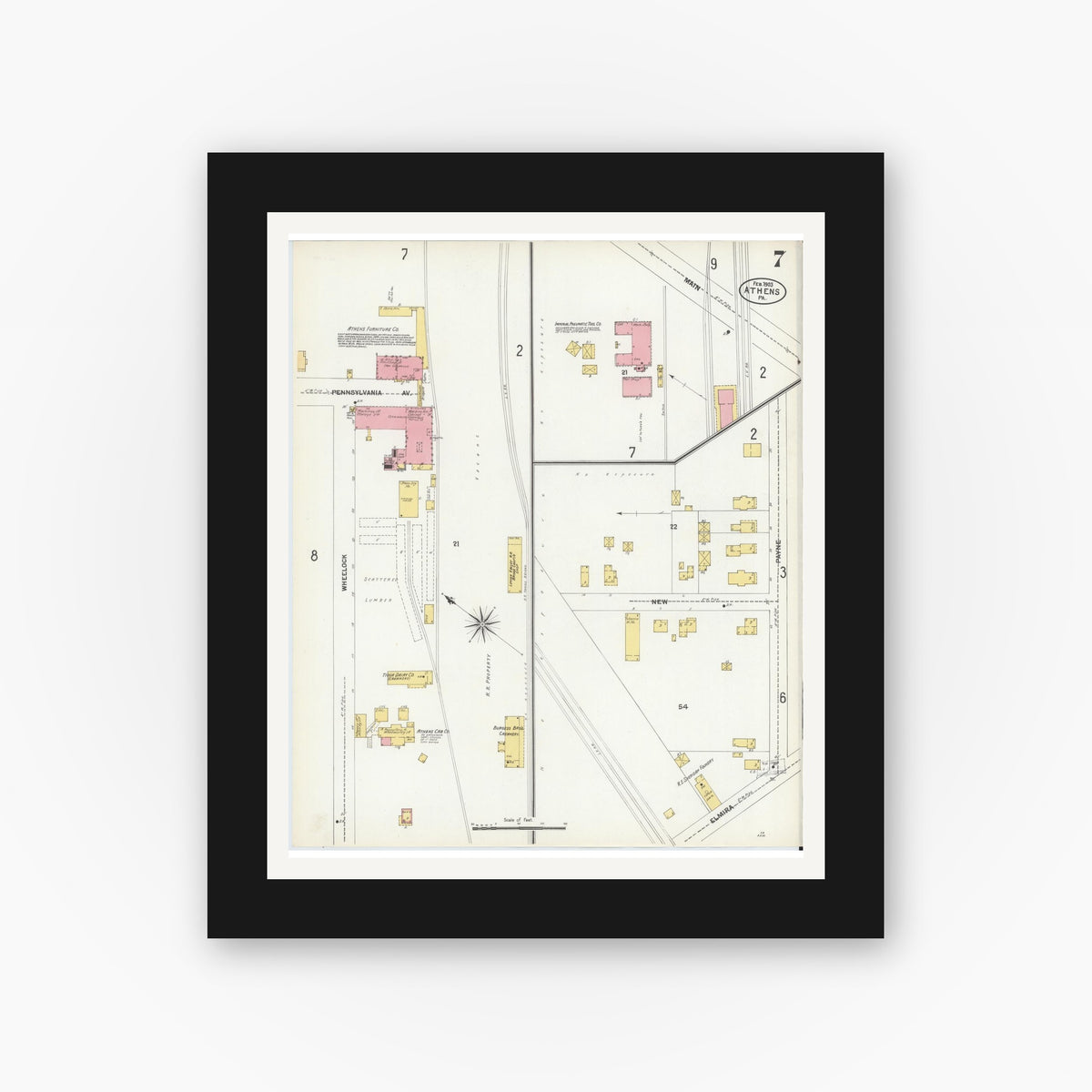 Old map wall art mockup — black gallery frame with white mat — Sanborn Fire Insurance Map from Athens, Bradford County, Pennsylvania (1903), Sheet #0007