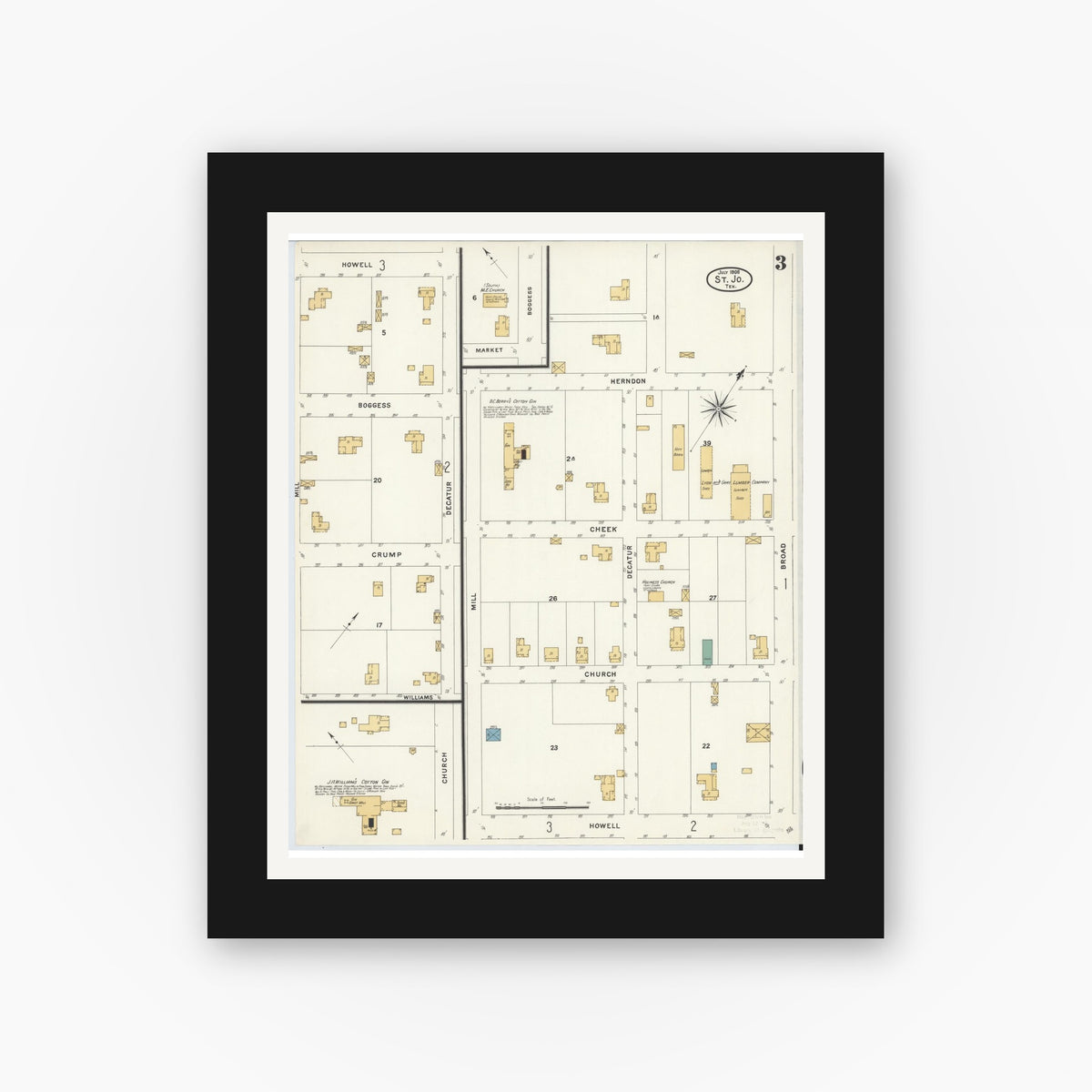 Old map wall art mockup — black gallery frame with white mat — Sanborn Fire Insurance Map from Saint Jo, Montague County, Texas (1908), Sheet #0003