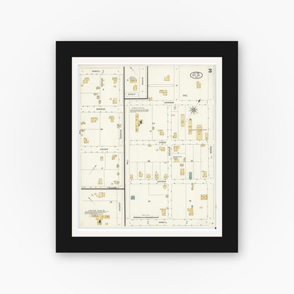 Old map wall art mockup — black gallery frame with white mat — Sanborn Fire Insurance Map from Saint Jo, Montague County, Texas (1908), Sheet #0003