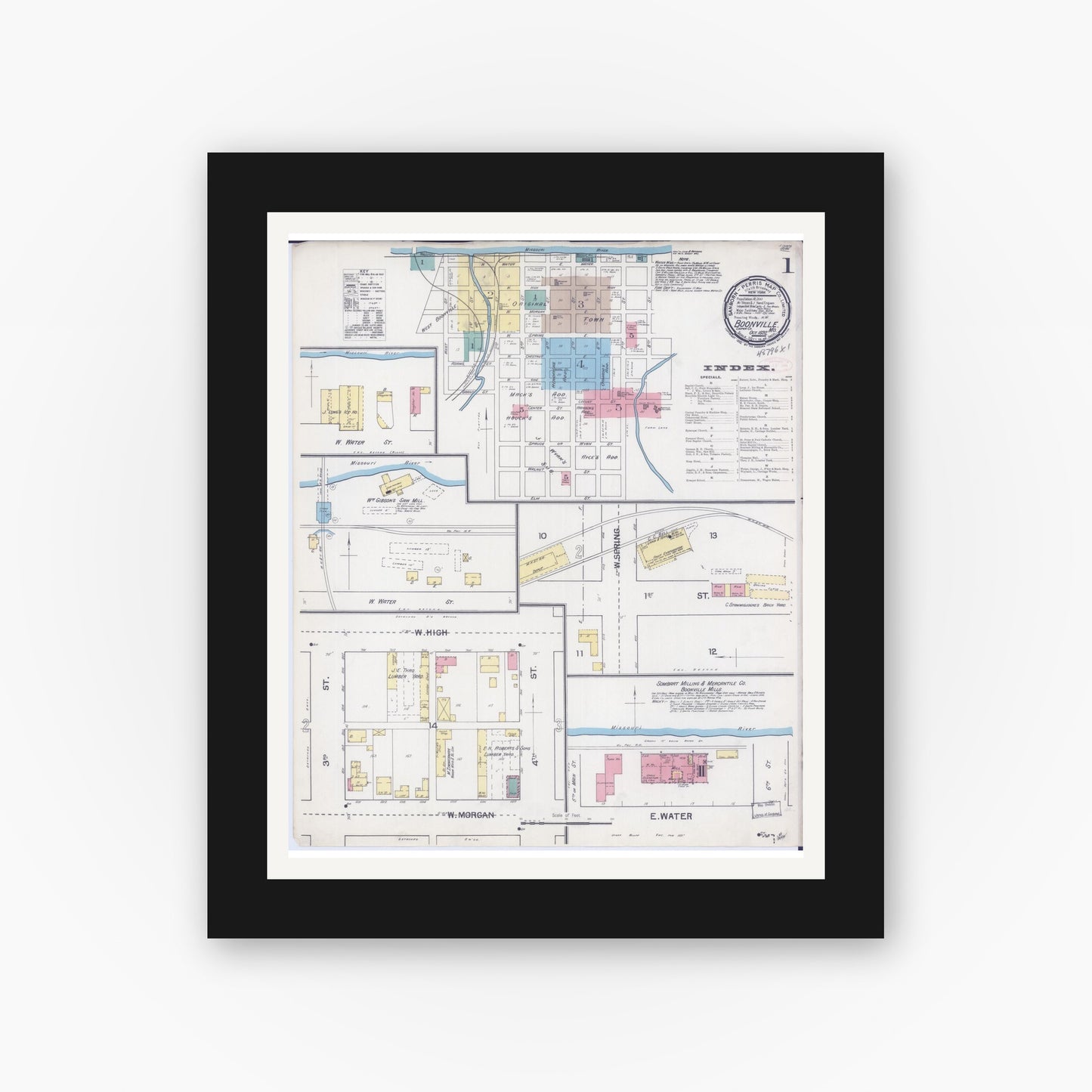 Old map wall art mockup — black gallery frame with white mat — Sanborn Fire Insurance Map from Boonville, Cooper County, Missouri (1892) - Complete Map Set