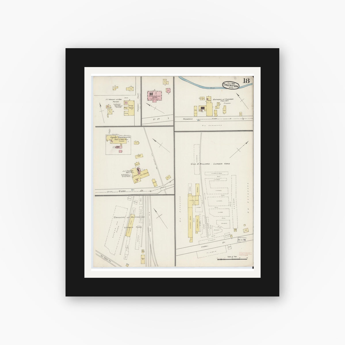 Old map wall art mockup — black gallery frame with white mat — Sanborn Fire Insurance Map from Taunton, Bristol County, Massachusetts (1888), Sheet #0018